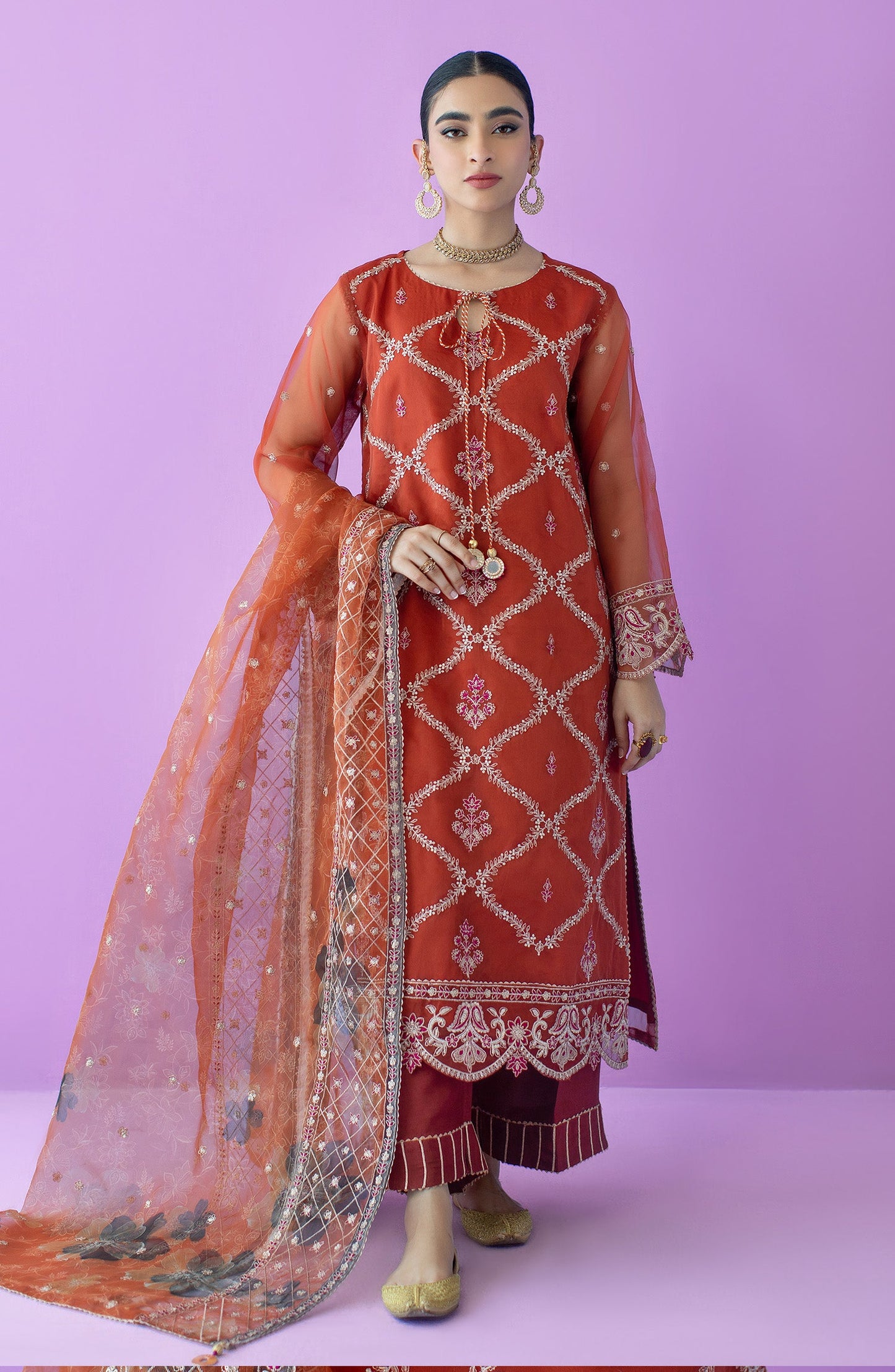 Orient - Stitched 3 Piece Embroidered Organza Shirt , Raw Silk Pant and Organza Dupatta