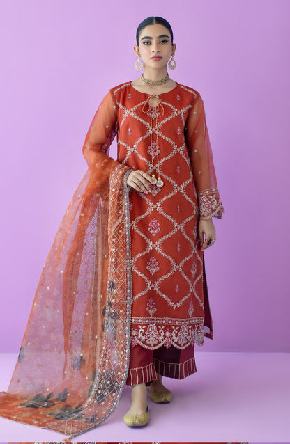 Orient - Stitched 3 Piece Embroidered Organza Shirt , Raw Silk Pant and Organza Dupatta