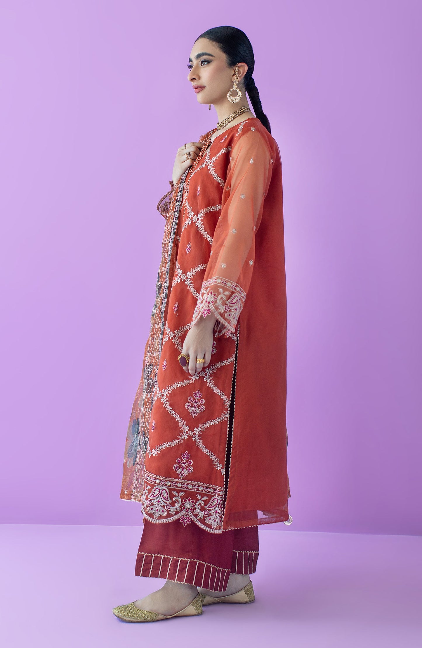 Orient - Stitched 3 Piece Embroidered Organza Shirt , Raw Silk Pant and Organza Dupatta