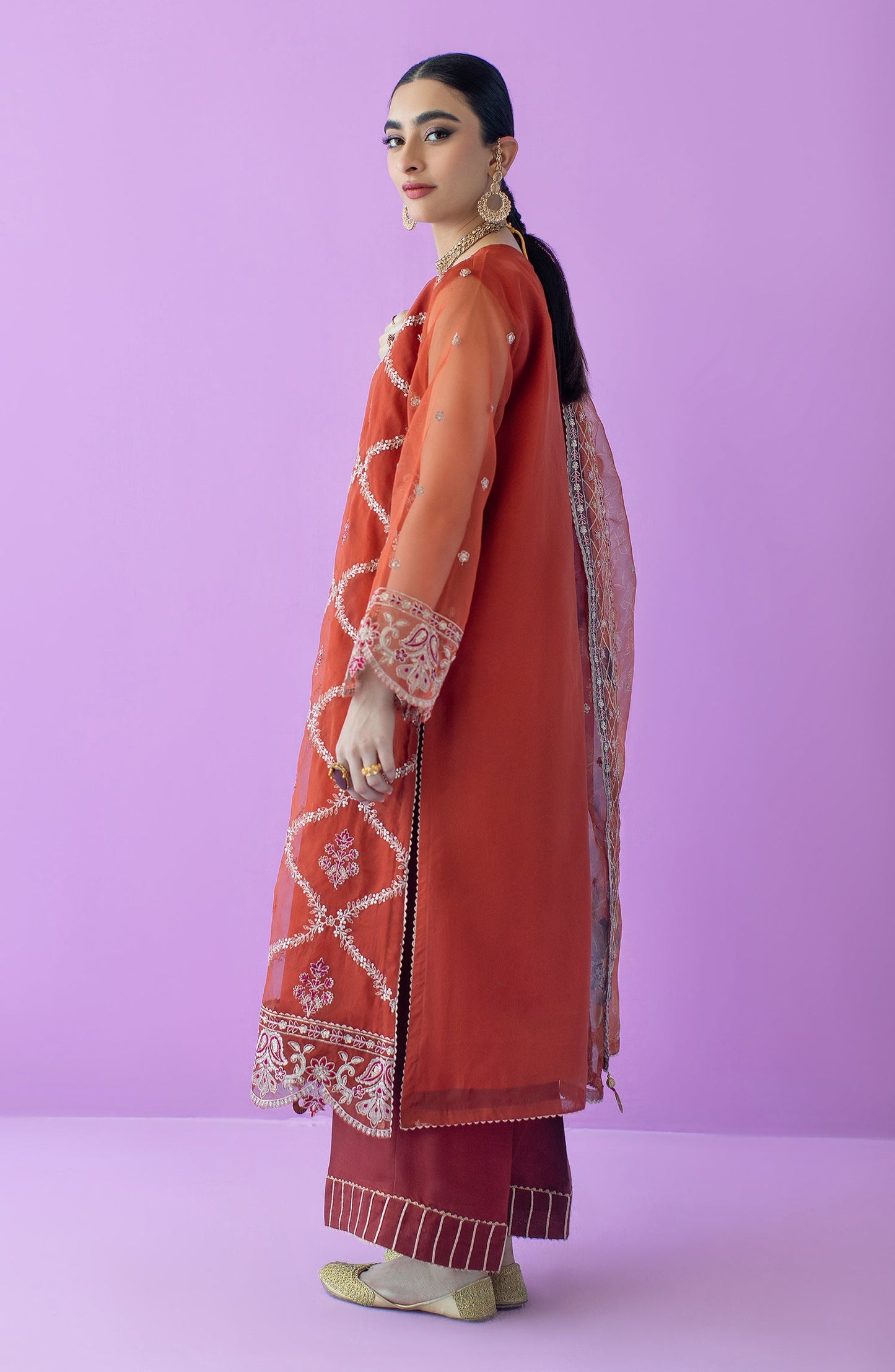 Orient - Stitched 3 Piece Embroidered Organza Shirt , Raw Silk Pant and Organza Dupatta