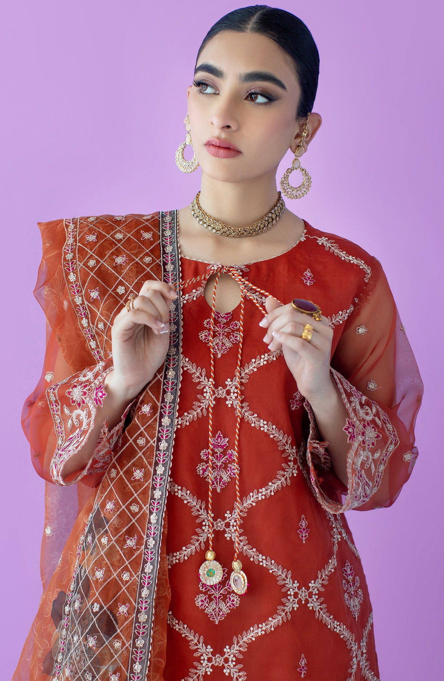 Orient - Stitched 3 Piece Embroidered Organza Shirt , Raw Silk Pant and Organza Dupatta