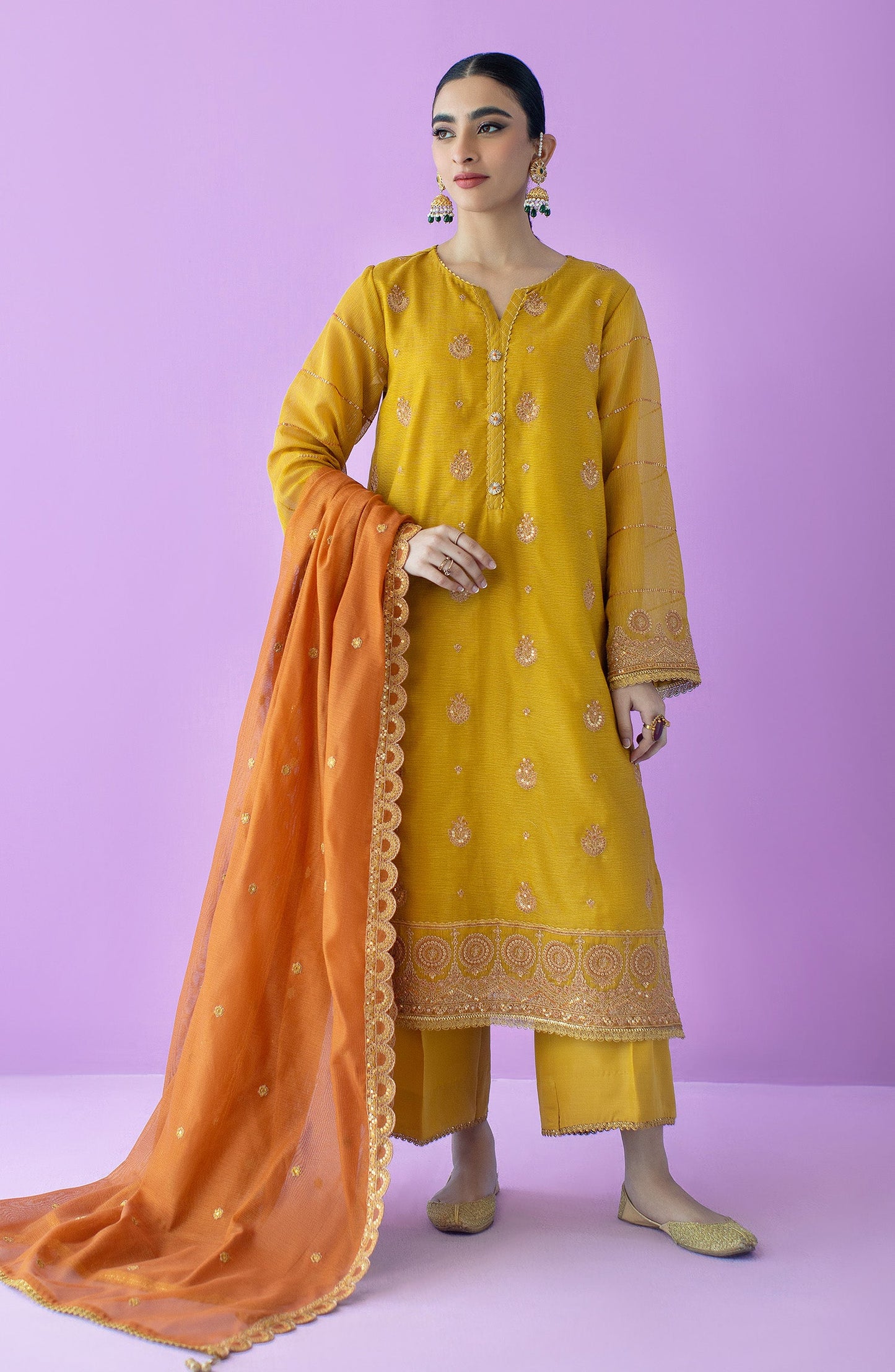 Orient - Stitched 3 Piece Embroidered Khaddi Net Shirt , Raw Silk Pant and Khaddi Net Dupatta