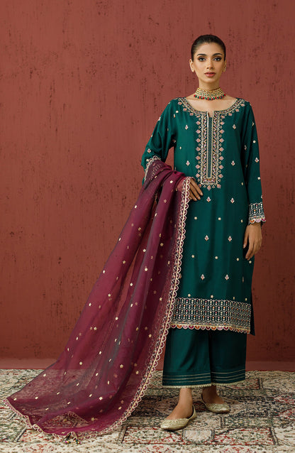 Orient - Stitched 3 Piece Embroidered Cotton Silk Shirt , Cotton Silk Pant and Organza Dupatta