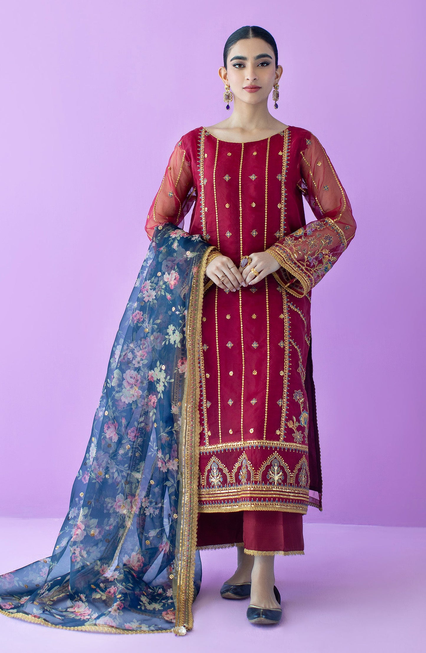 Orient - Stitched 3 Piece Embroidered Organza Shirt , Raw Silk Pant and Organza Dupatta