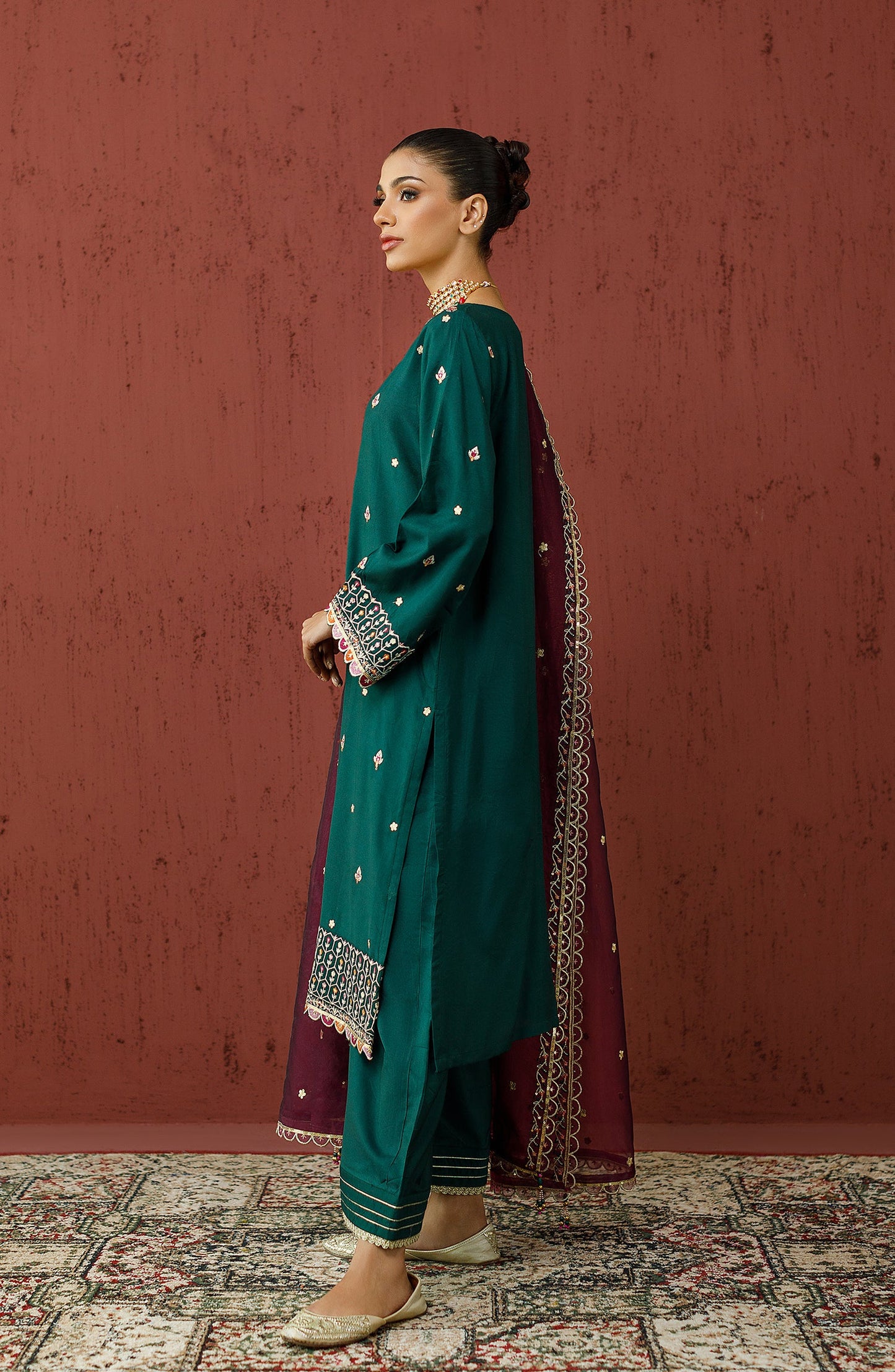 Orient - Stitched 3 Piece Embroidered Cotton Silk Shirt , Cotton Silk Pant and Organza Dupatta