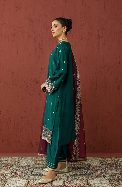 Orient - Stitched 3 Piece Embroidered Cotton Silk Shirt , Cotton Silk Pant and Organza Dupatta