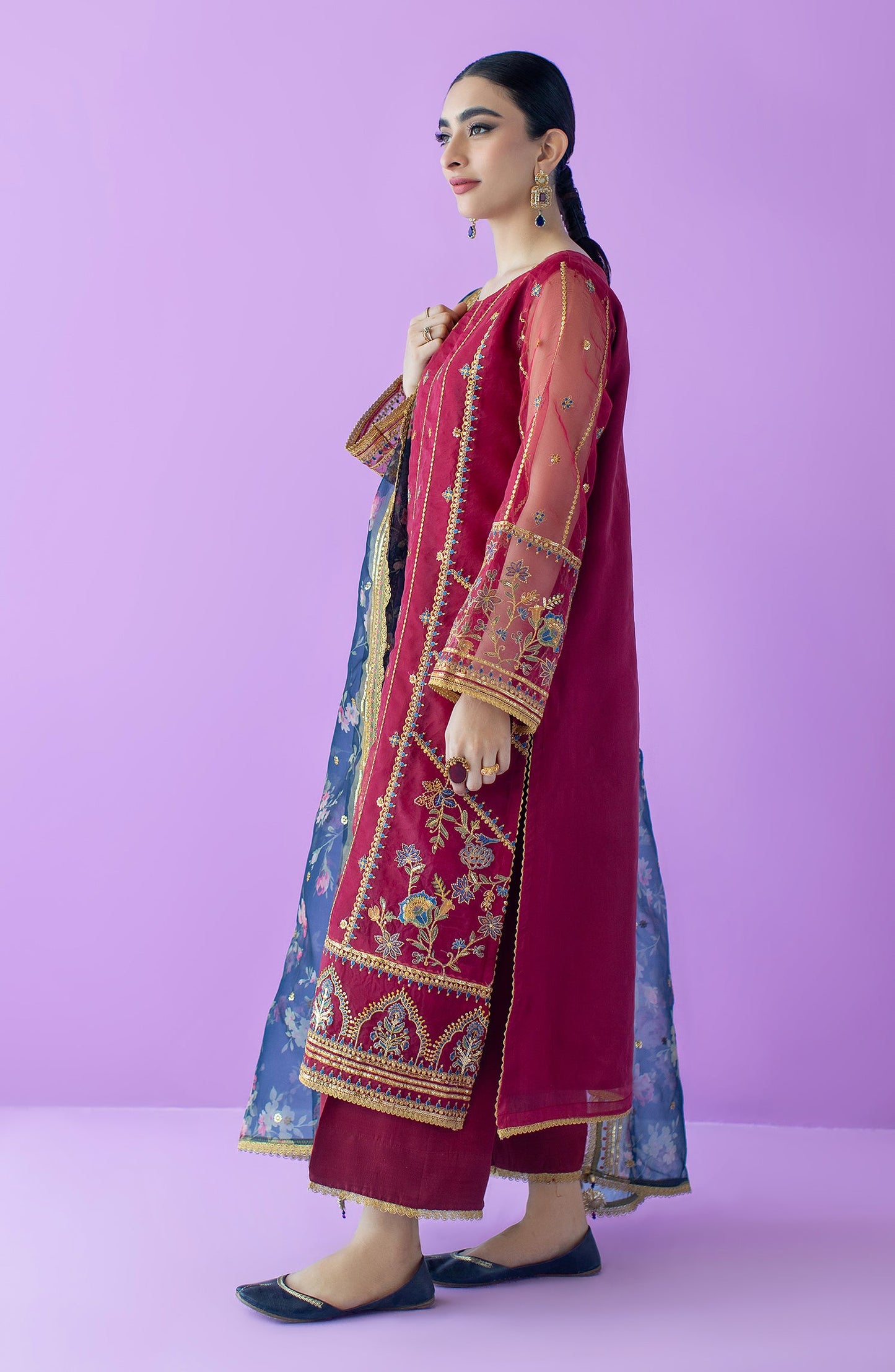 Orient - Stitched 3 Piece Embroidered Organza Shirt , Raw Silk Pant and Organza Dupatta