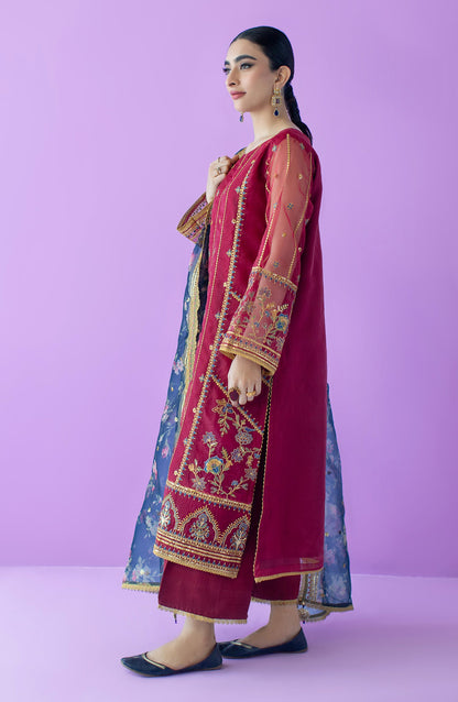 Orient - Stitched 3 Piece Embroidered Organza Shirt , Raw Silk Pant and Organza Dupatta