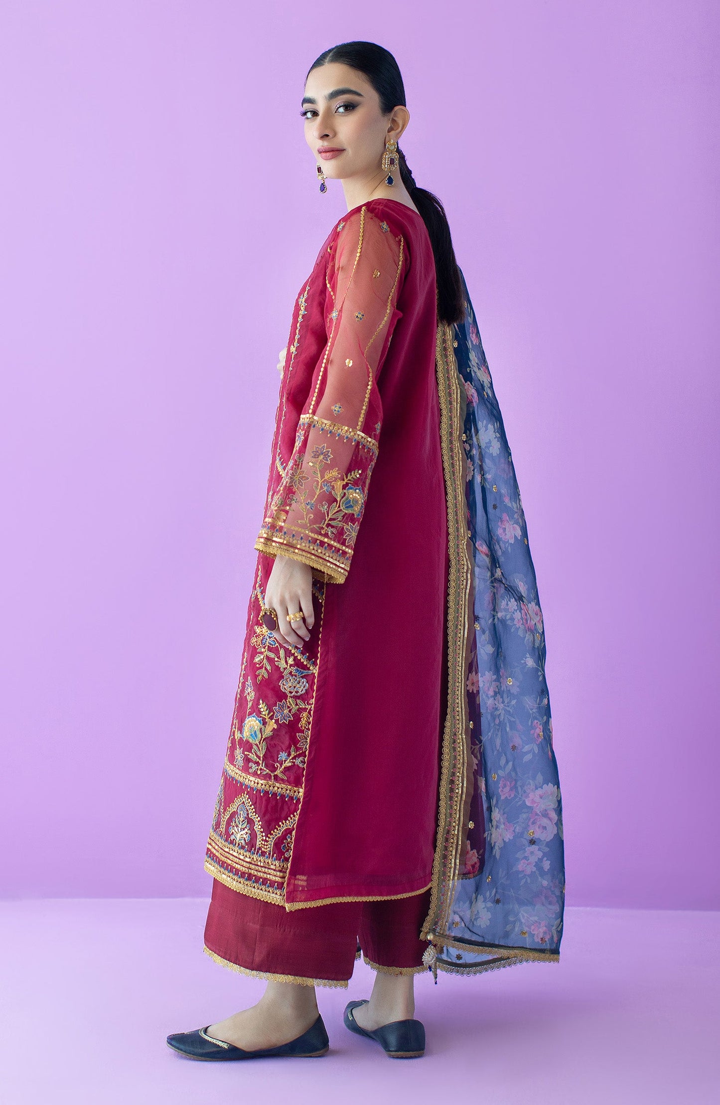 Orient - Stitched 3 Piece Embroidered Organza Shirt , Raw Silk Pant and Organza Dupatta