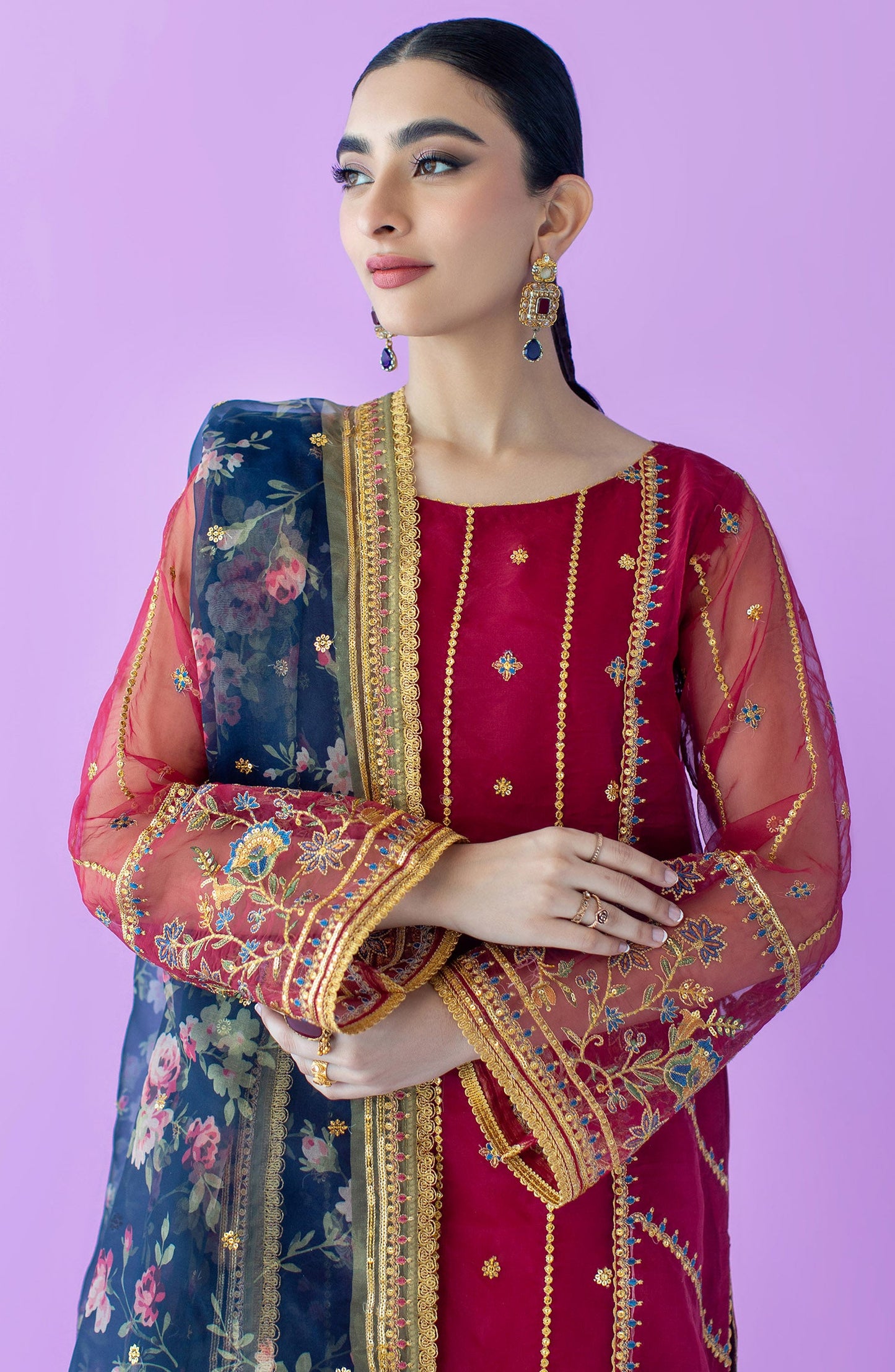 Orient - Stitched 3 Piece Embroidered Organza Shirt , Raw Silk Pant and Organza Dupatta