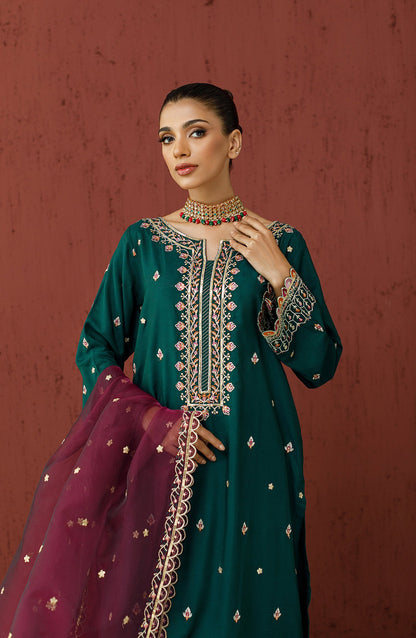 Orient - Stitched 3 Piece Embroidered Cotton Silk Shirt , Cotton Silk Pant and Organza Dupatta