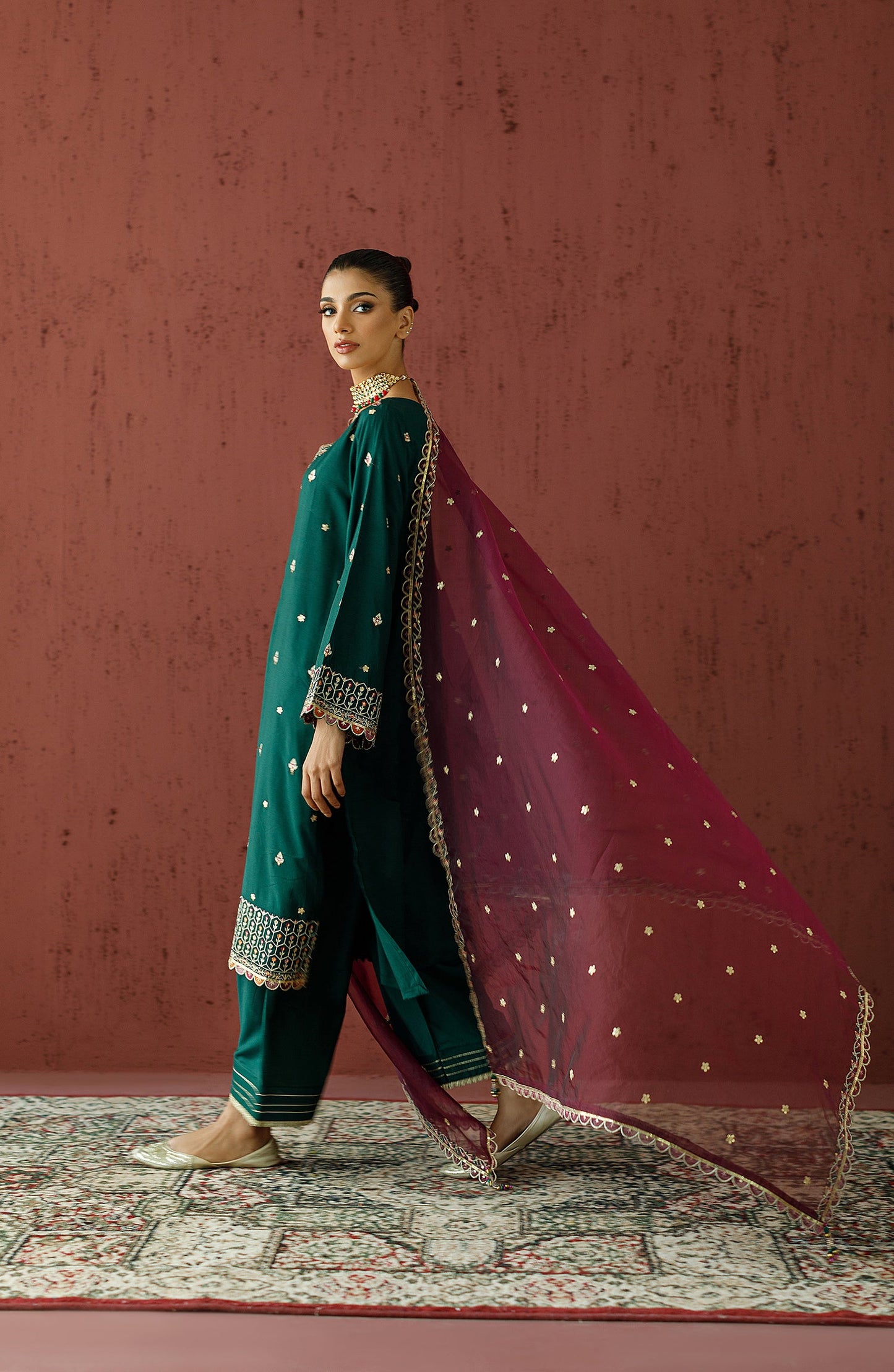 Orient - Stitched 3 Piece Embroidered Cotton Silk Shirt , Cotton Silk Pant and Organza Dupatta