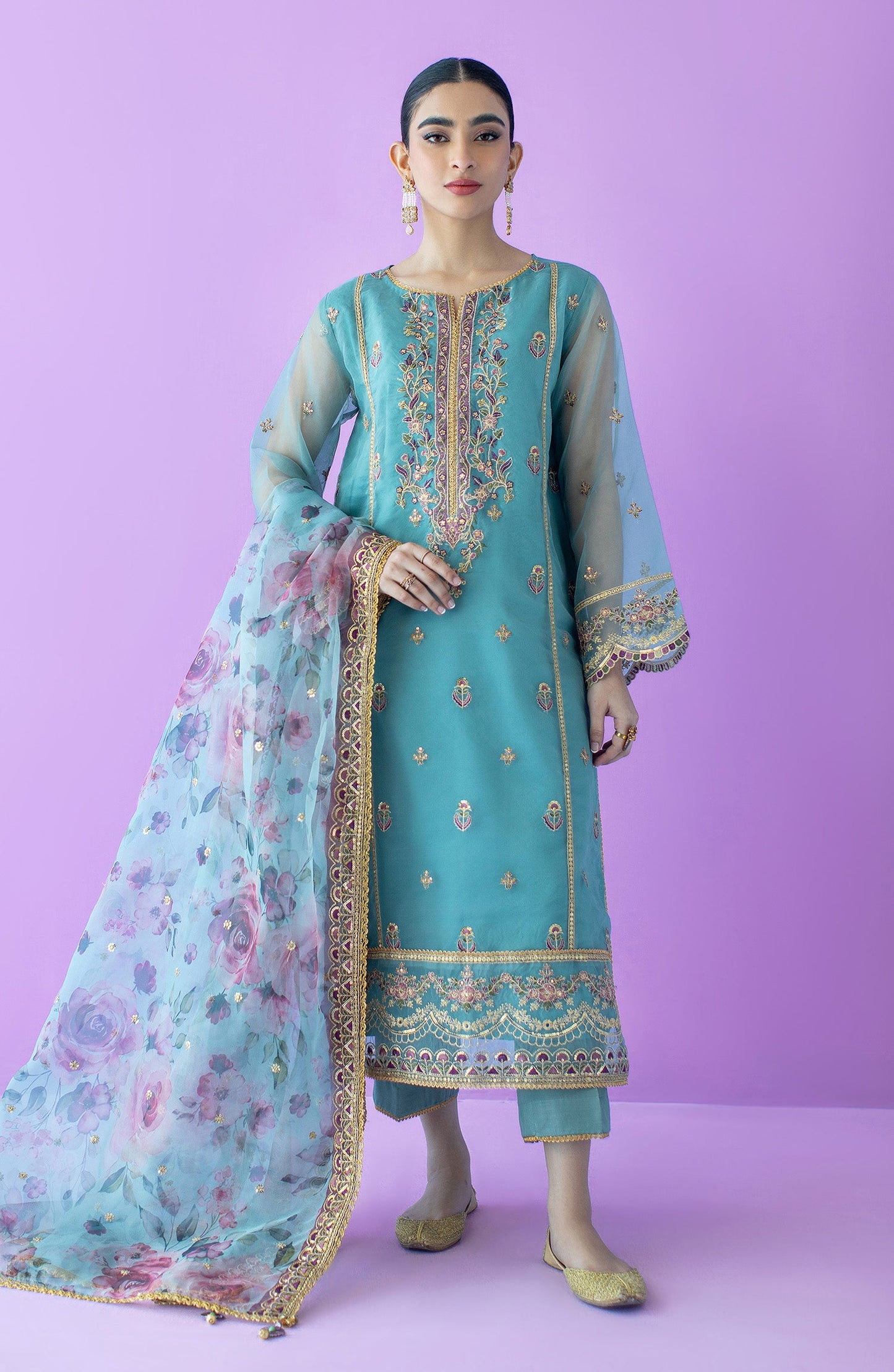 Orient - Stitched 3 Piece Embroidered Organza Shirt , Raw Silk Pant and Organza Dupatta
