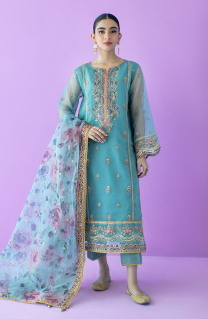 Orient - Stitched 3 Piece Embroidered Organza Shirt , Raw Silk Pant and Organza Dupatta