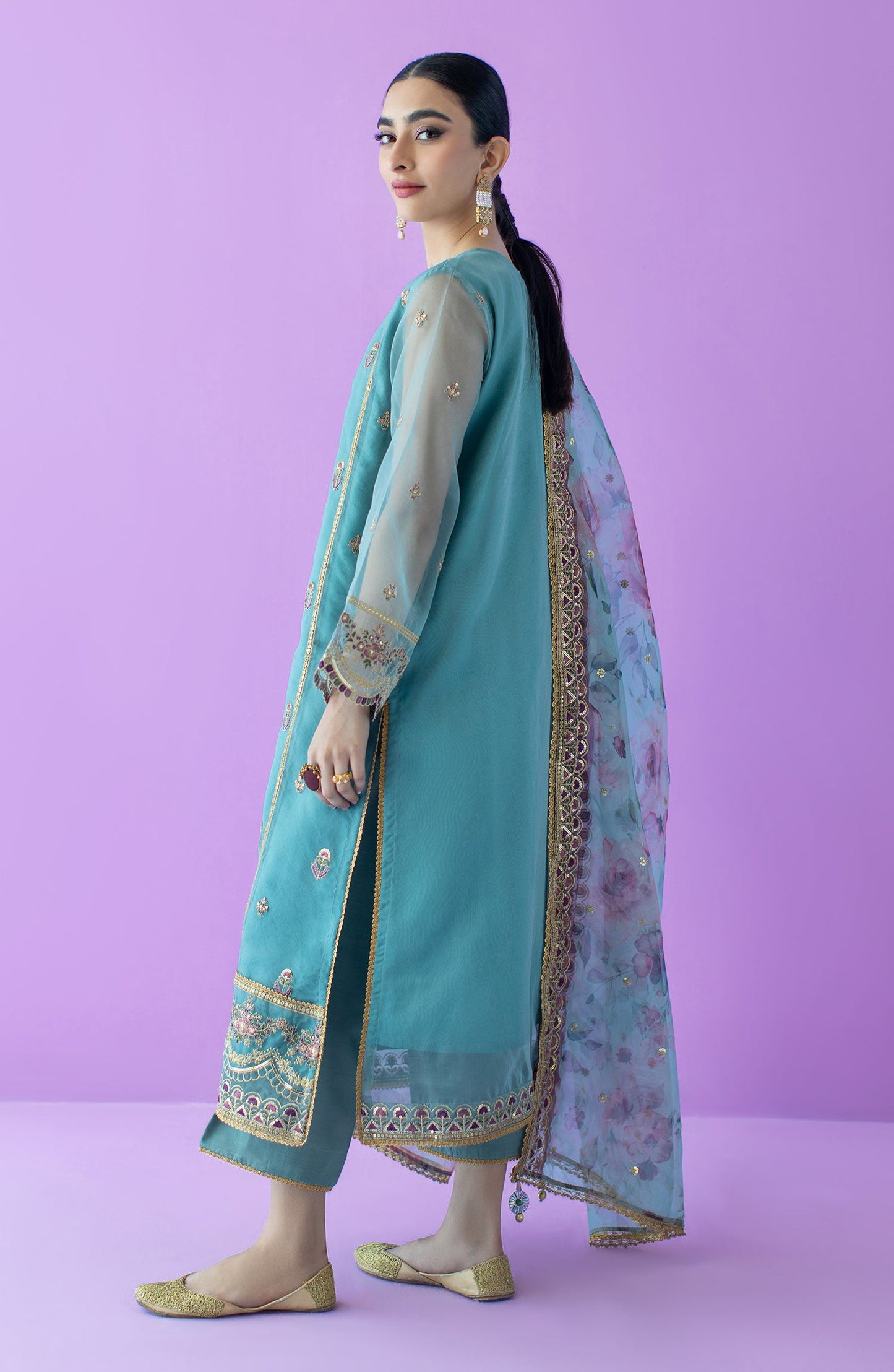 Orient - Stitched 3 Piece Embroidered Organza Shirt , Raw Silk Pant and Organza Dupatta
