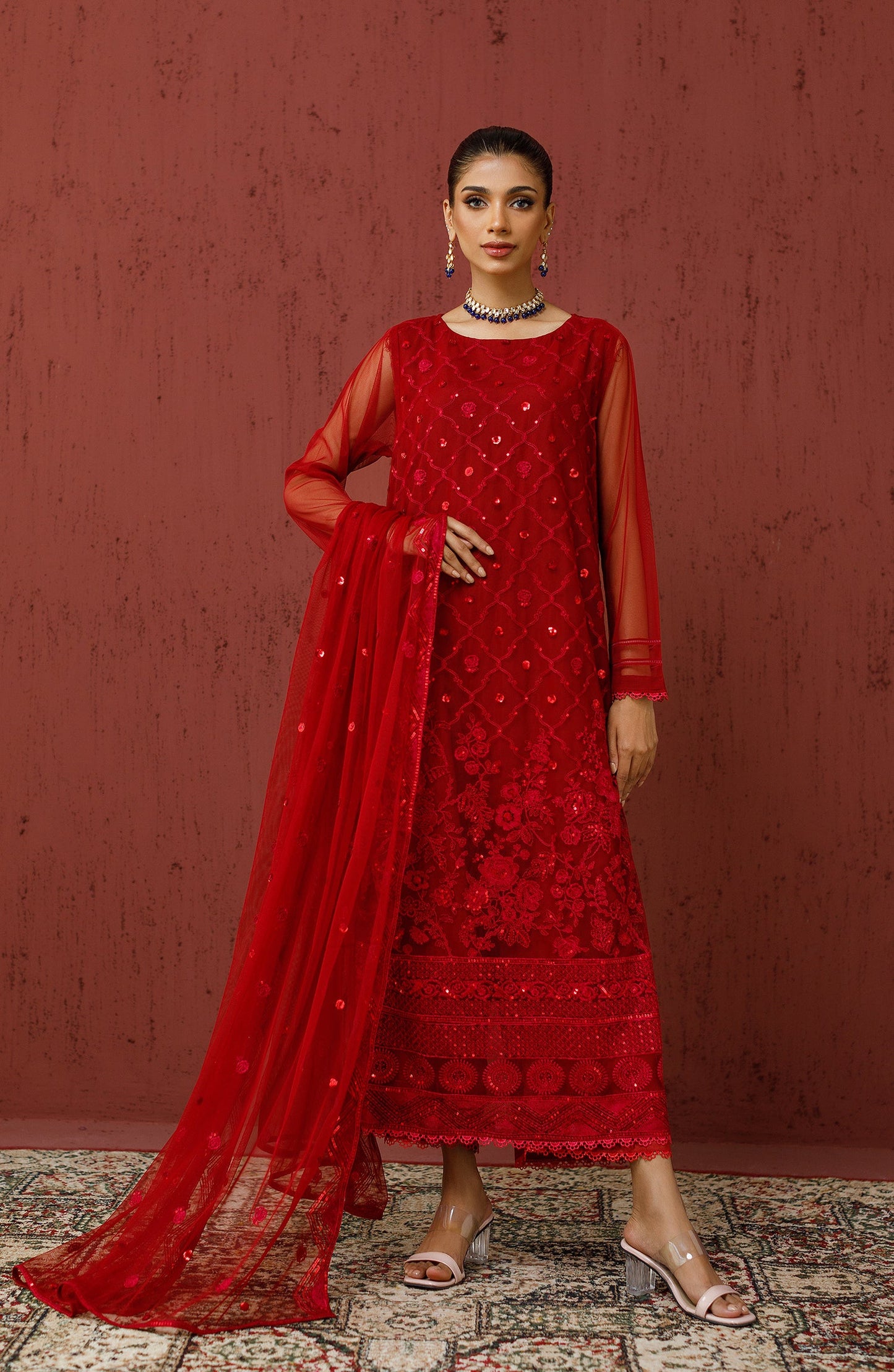 Orient - Stitched 3 Piece Embroidered Poly Net Shirt , Raw Silk Pant and Poly Net Dupatta
