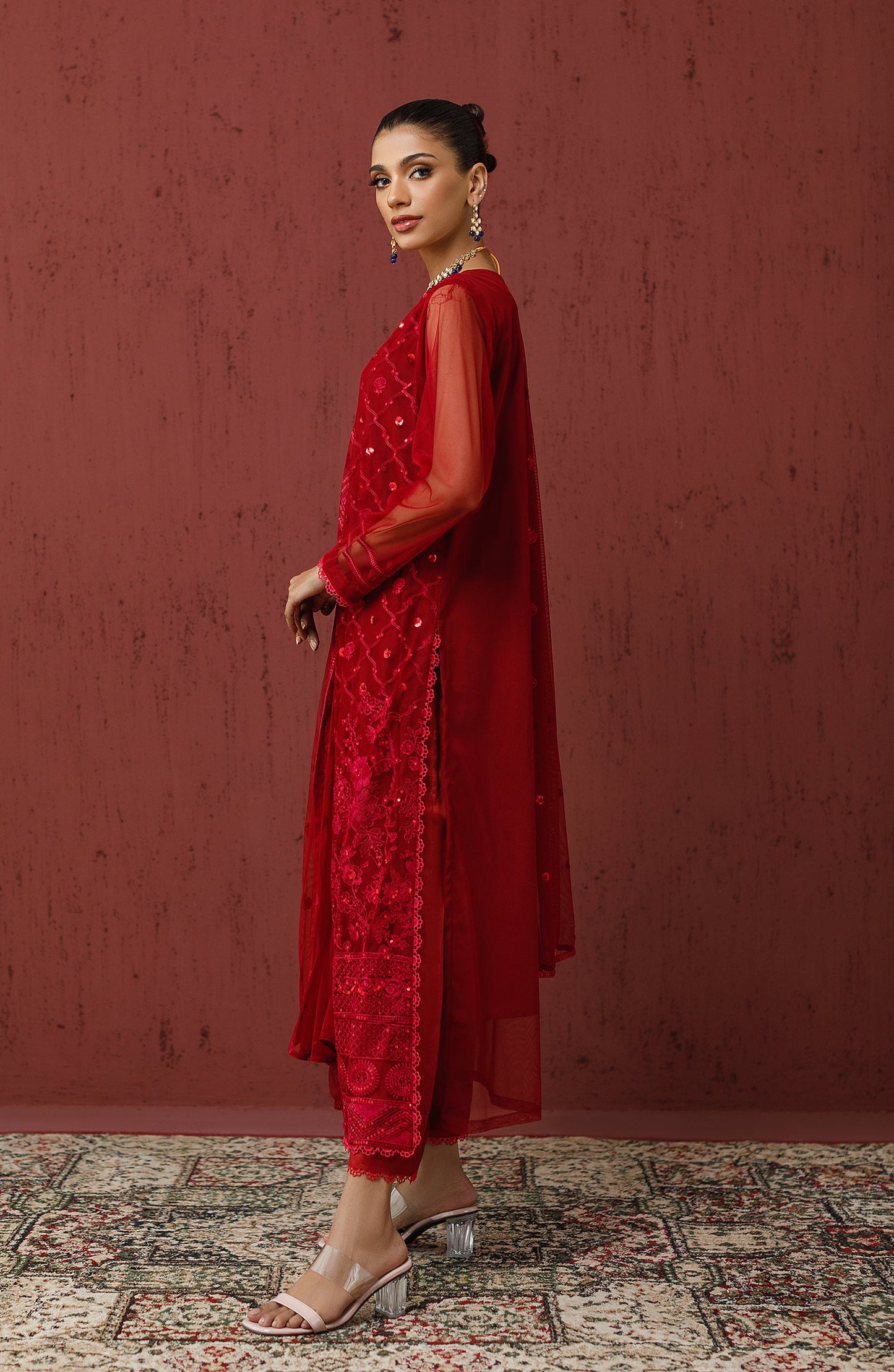 Orient - Stitched 3 Piece Embroidered Poly Net Shirt , Raw Silk Pant and Poly Net Dupatta