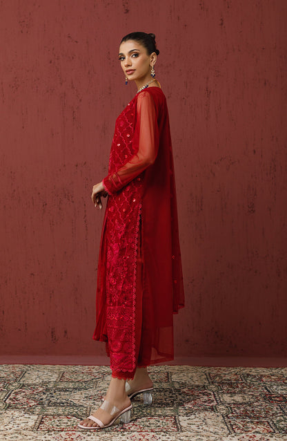 Orient - Stitched 3 Piece Embroidered Poly Net Shirt , Raw Silk Pant and Poly Net Dupatta