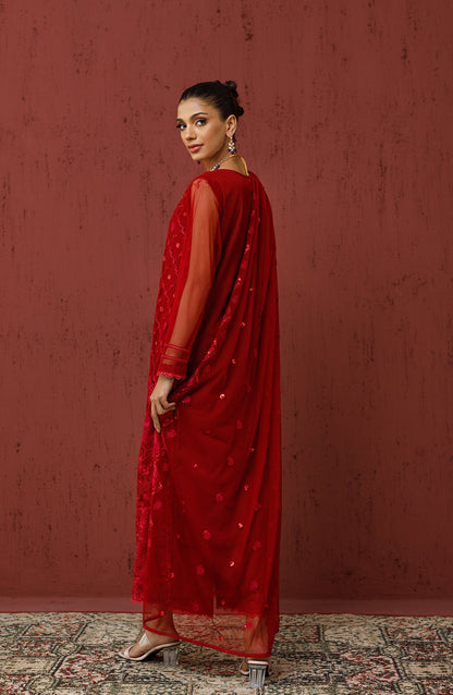 Orient - Stitched 3 Piece Embroidered Poly Net Shirt , Raw Silk Pant and Poly Net Dupatta