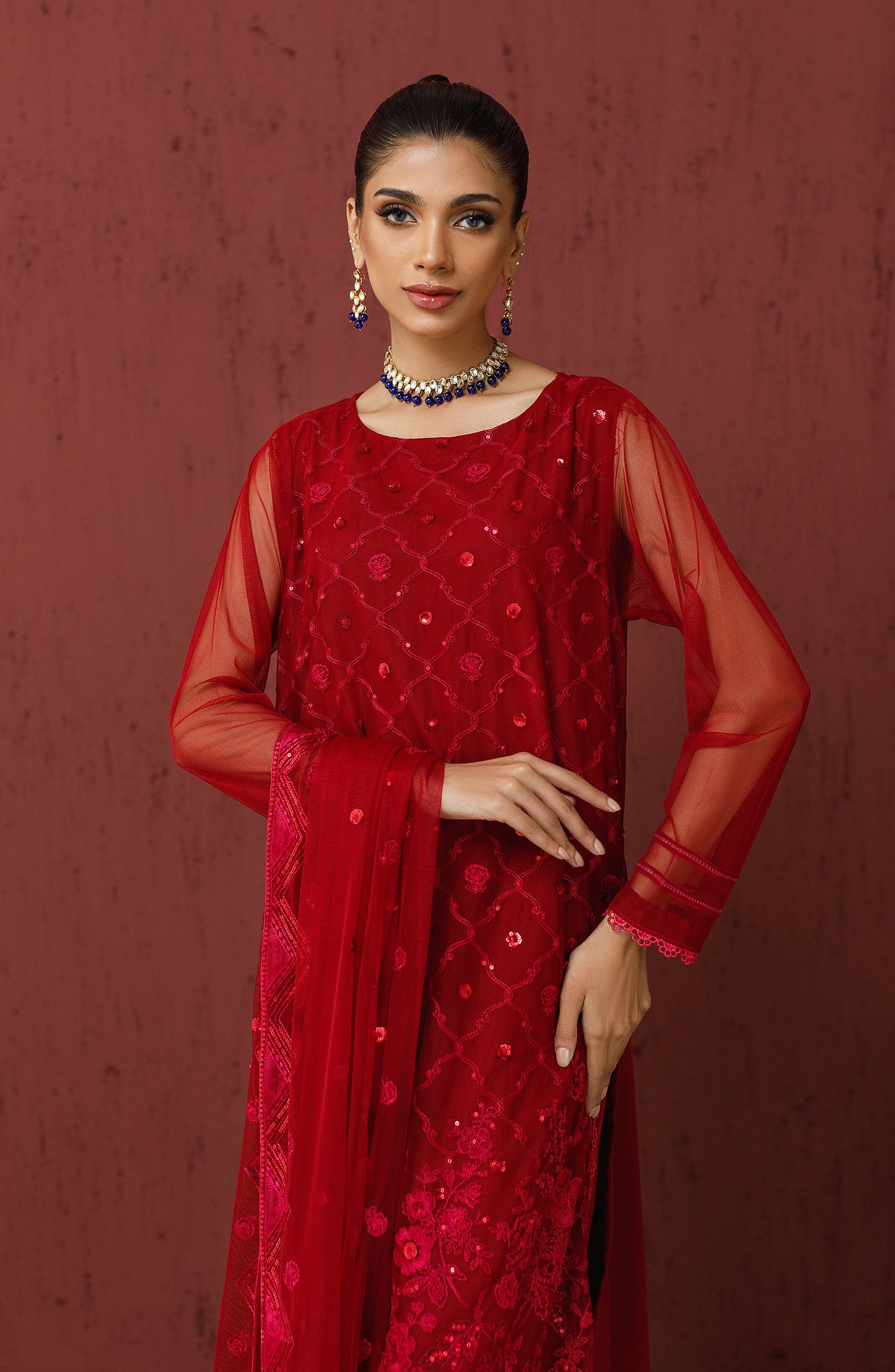 Orient - Stitched 3 Piece Embroidered Poly Net Shirt , Raw Silk Pant and Poly Net Dupatta