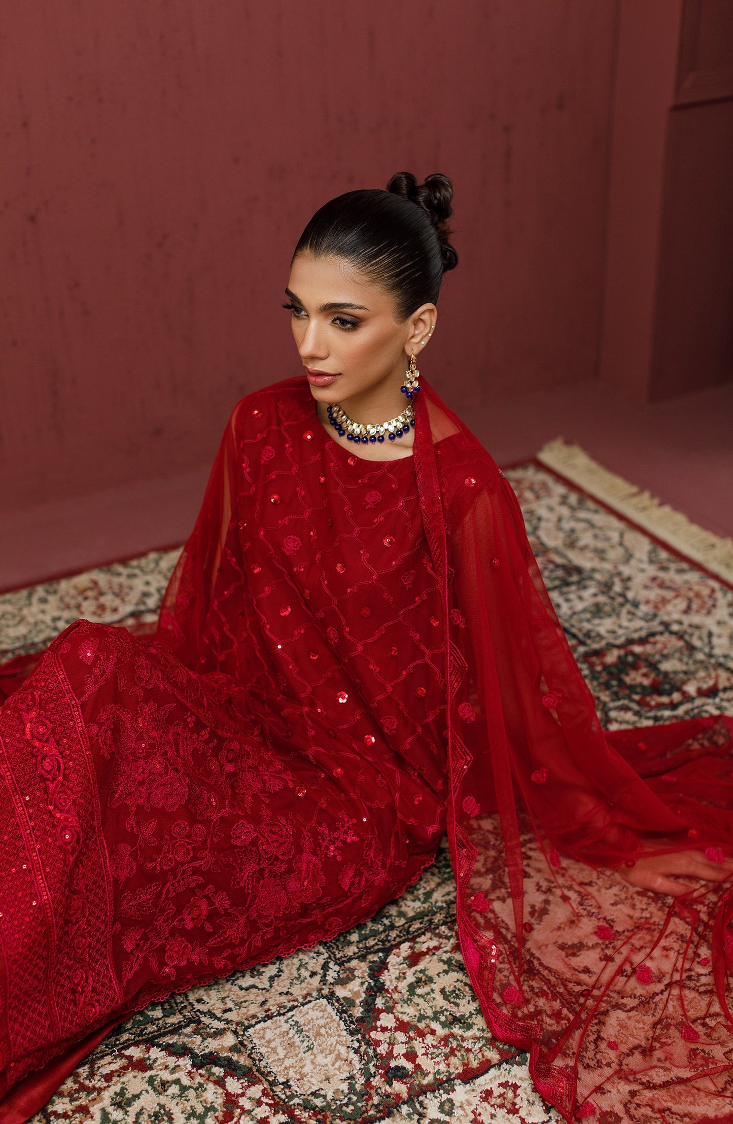 Orient - Stitched 3 Piece Embroidered Poly Net Shirt , Raw Silk Pant and Poly Net Dupatta