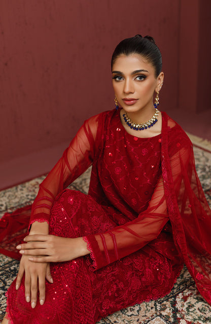 Orient - Stitched 3 Piece Embroidered Poly Net Shirt , Raw Silk Pant and Poly Net Dupatta