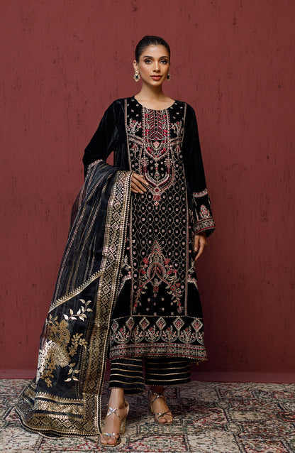 Orient - Stitched 3 Piece Embroidered Velvet Shirt , Velvet Pant and Organza Dupatta