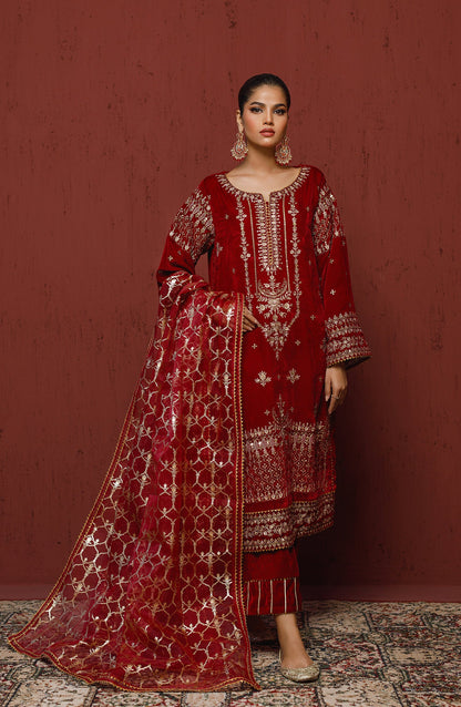 Orient - Stitched 3 Piece Embroidered Velvet Shirt , Velvet Pant and Organza Dupatta