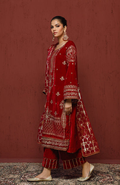 Orient - Stitched 3 Piece Embroidered Velvet Shirt , Velvet Pant and Organza Dupatta