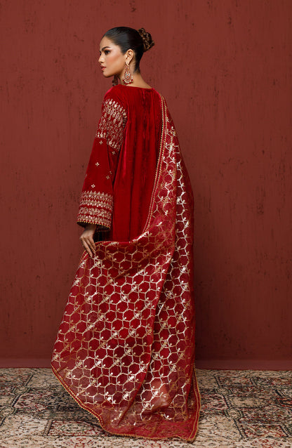 Orient - Stitched 3 Piece Embroidered Velvet Shirt , Velvet Pant and Organza Dupatta