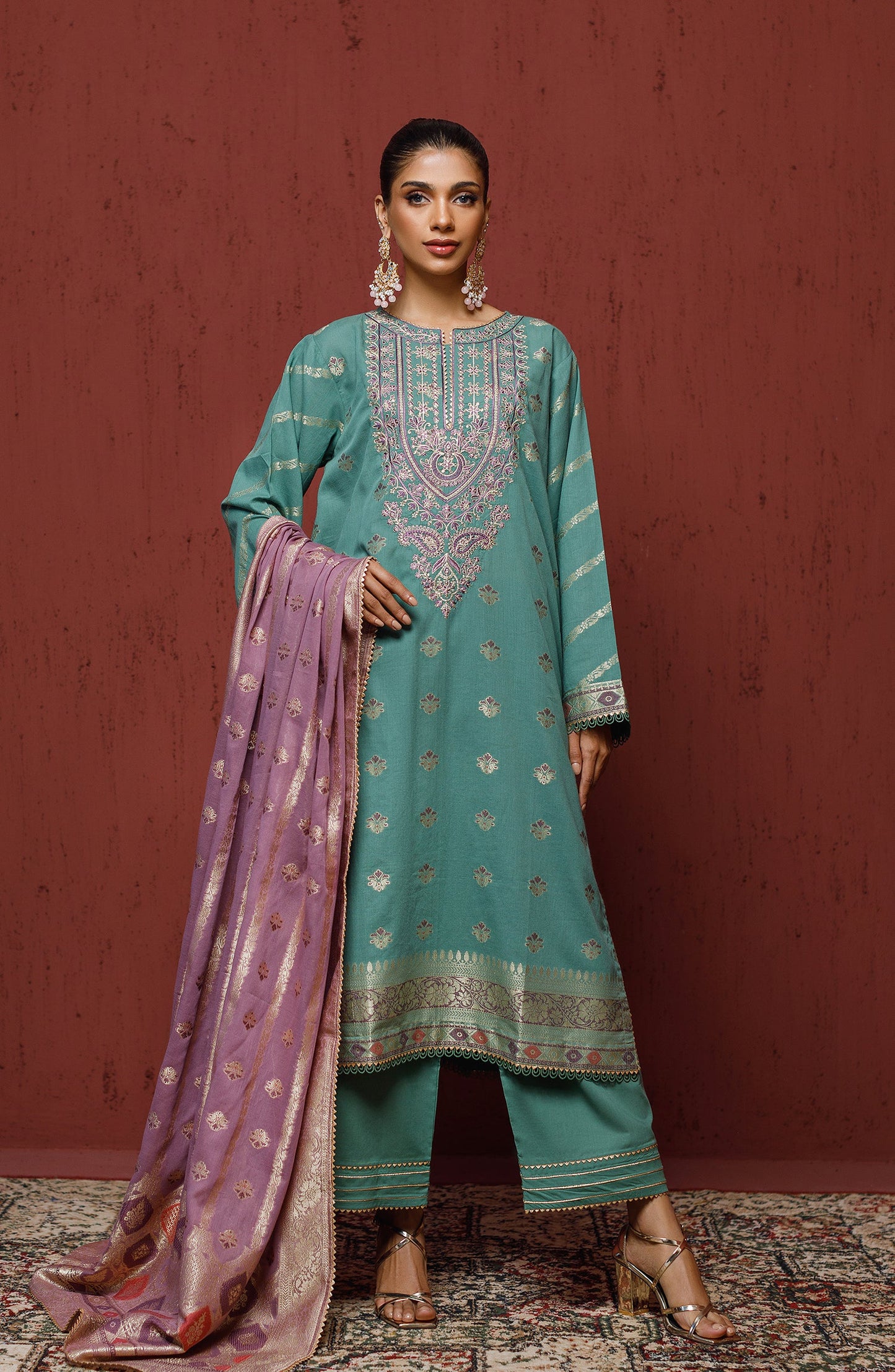 Orient - Stitched 3 Piece Embroidered Jacquard Shirt , Cambric Pant and JACQUARD Dupatta