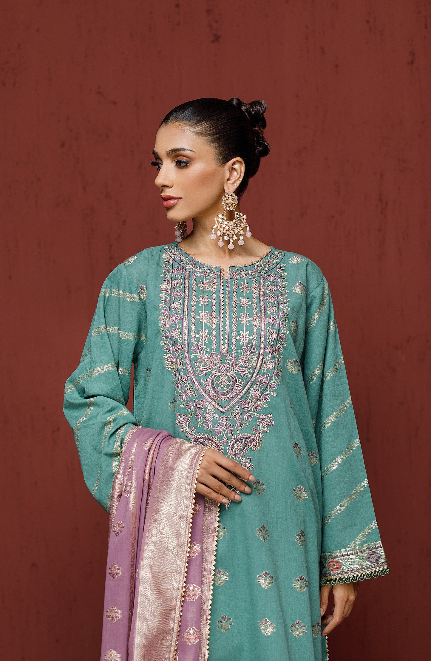 Orient - Stitched 3 Piece Embroidered Jacquard Shirt , Cambric Pant and JACQUARD Dupatta