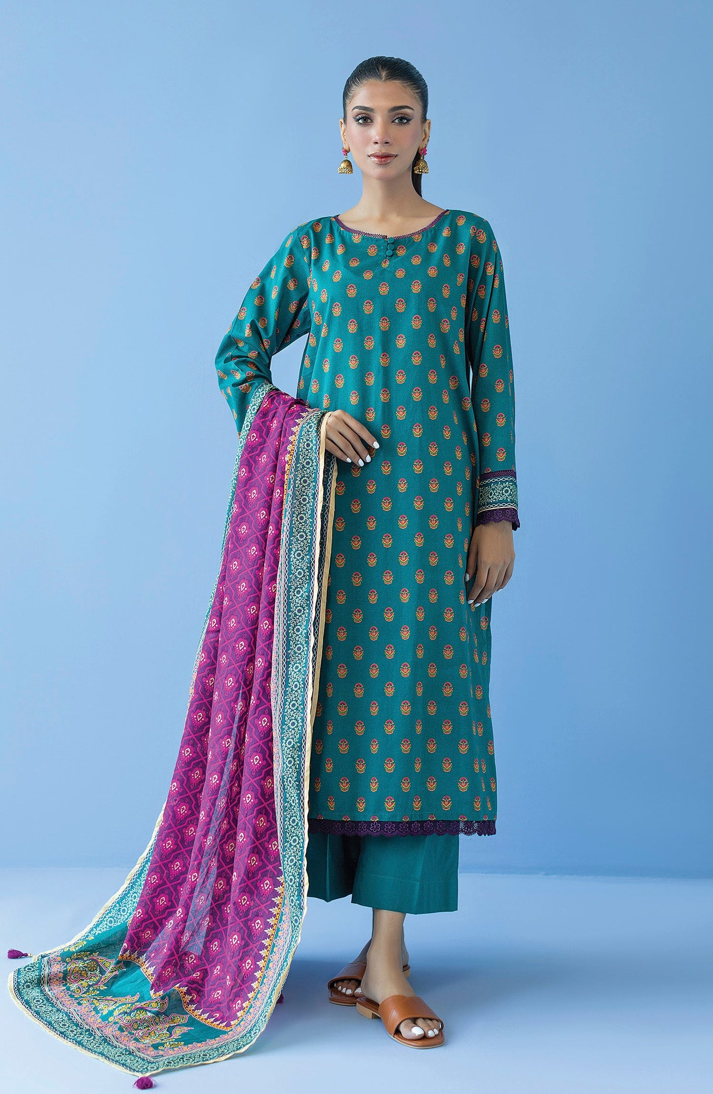 Orient - Unstitched 3 Piece Printed Cambric Shirt , Cambric Pant and Lawn Dupatta