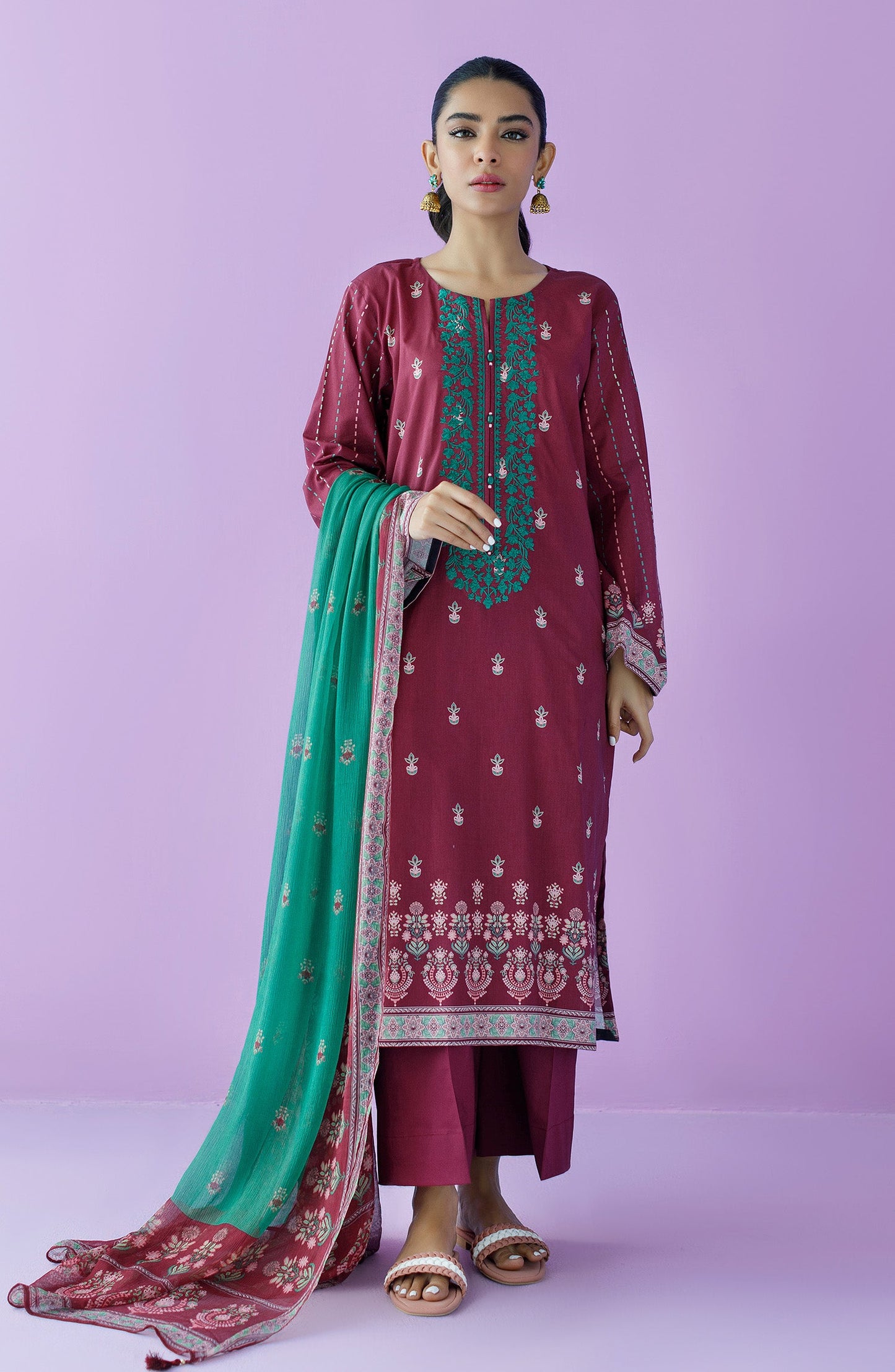 Orient - Unstitched 3 Piece Embroidered Lawn Shirt , Cambric Pant and Chiffon Dupatta
