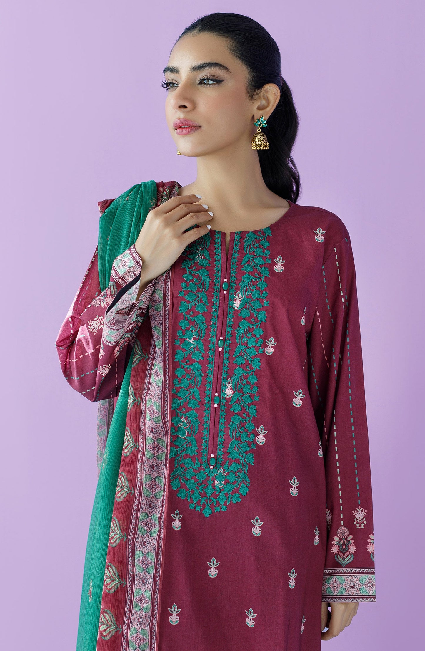 Orient - Unstitched 3 Piece Embroidered Lawn Shirt , Cambric Pant and Chiffon Dupatta
