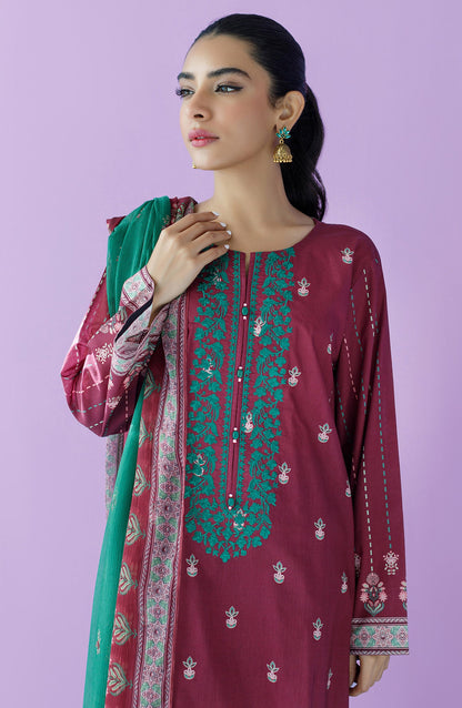 Orient - Unstitched 3 Piece Embroidered Lawn Shirt , Cambric Pant and Chiffon Dupatta
