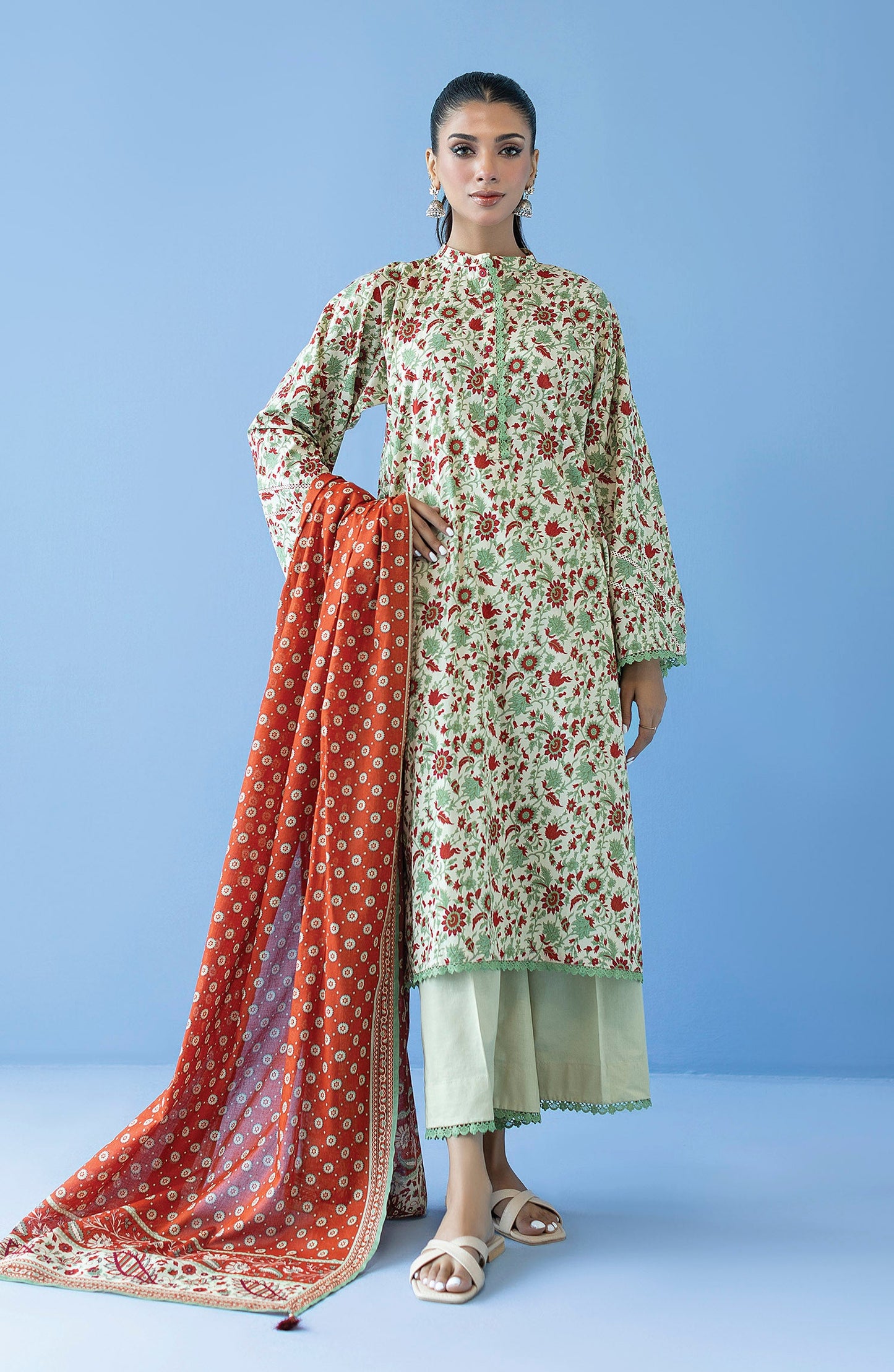 Orient - Unstitched 3 Piece Printed Cambric Shirt , Cambric Pant and Lawn Dupatta