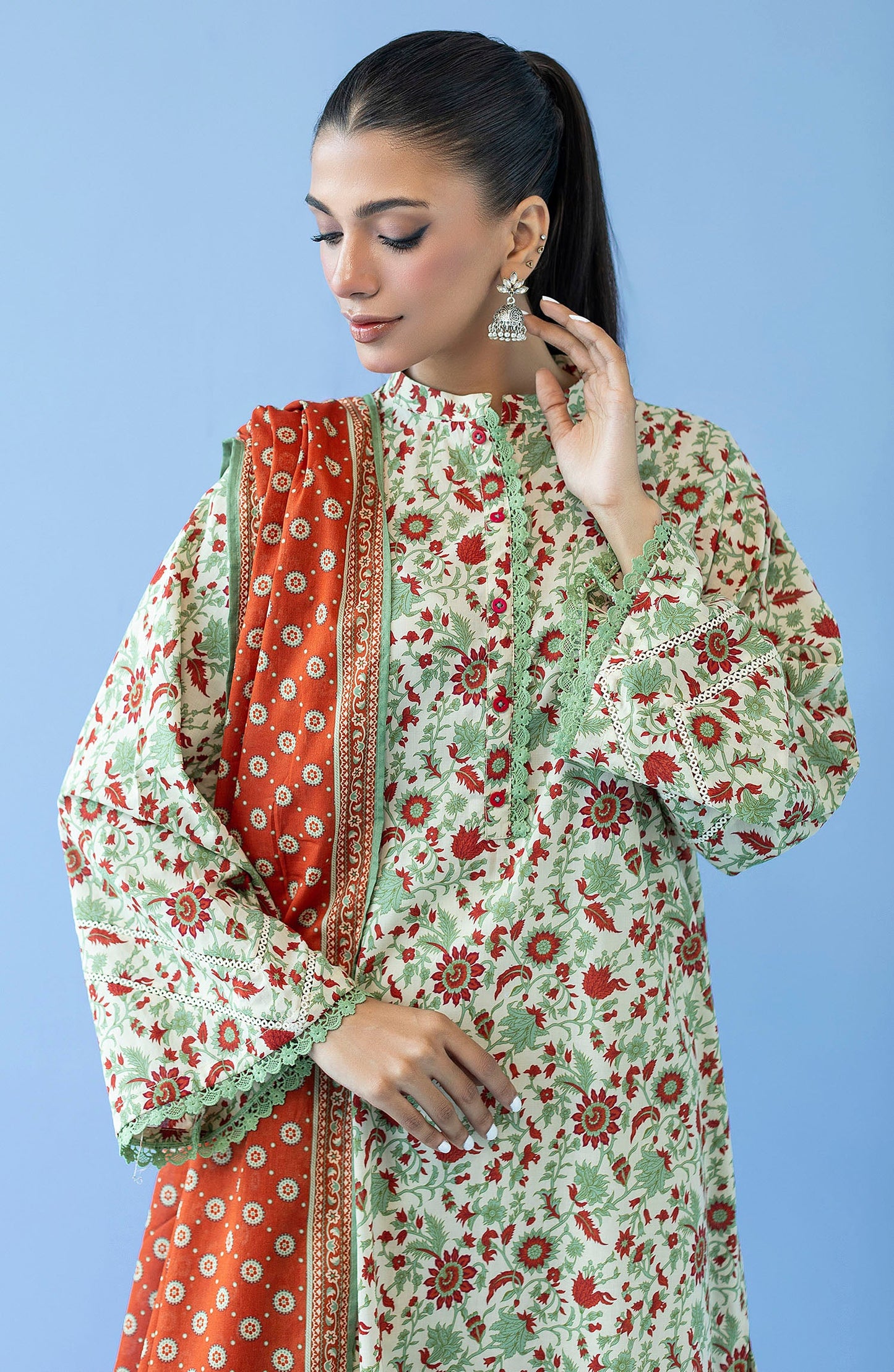 Orient - Unstitched 3 Piece Printed Cambric Shirt , Cambric Pant and Lawn Dupatta