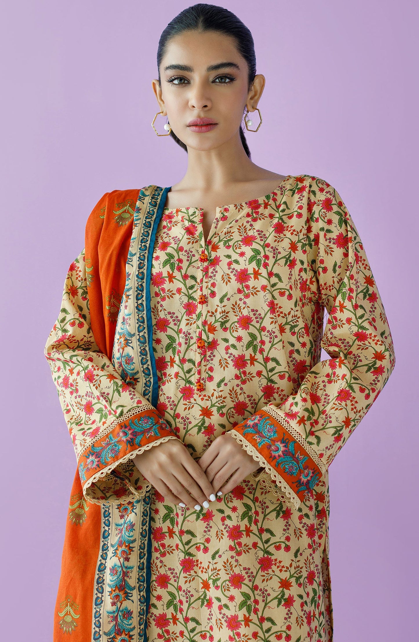 Orient - Stitched 3 Piece Printed Lawn Shirt , Cambric Pant and Lawn Dupatta
