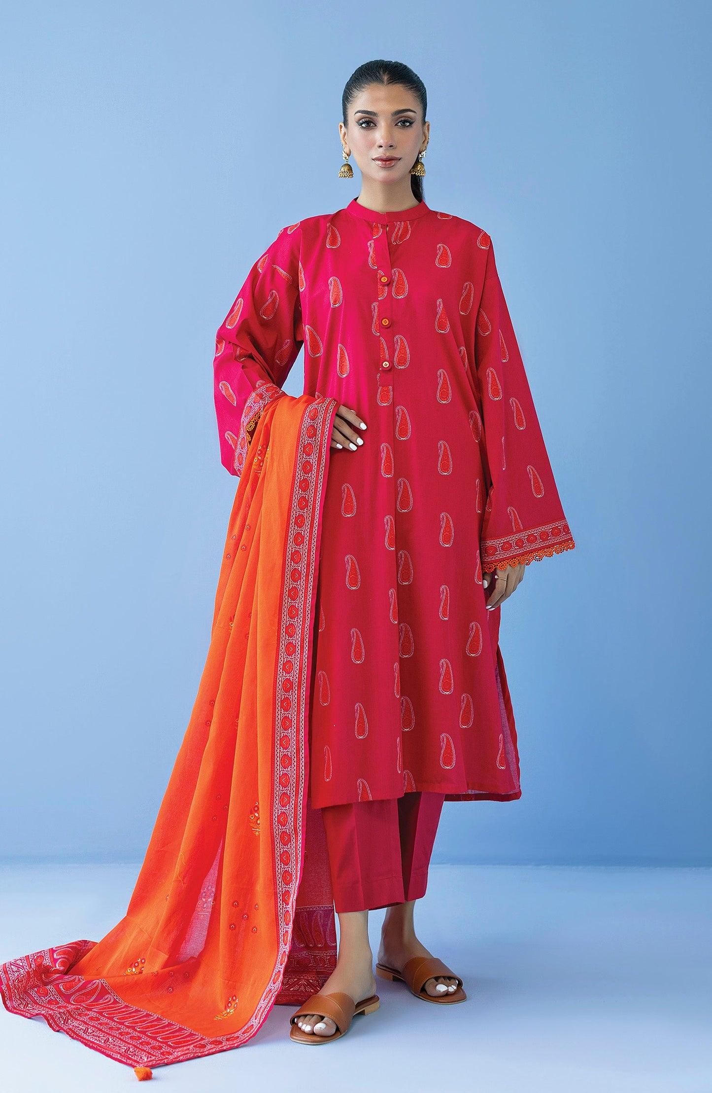 Orient - Unstitched 3 Piece Printed Cambric Shirt , Cambric Pant and Lawn Dupatta