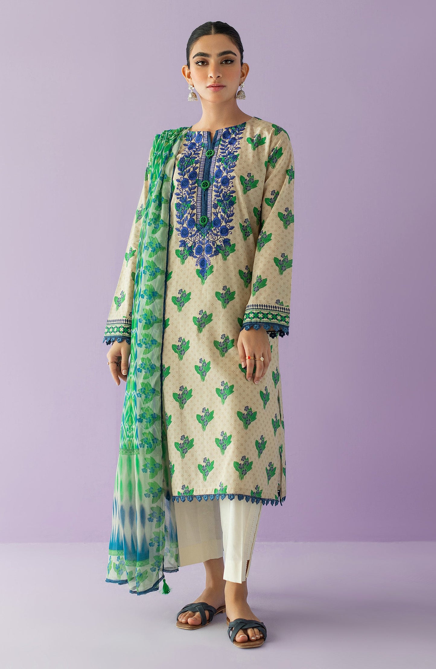 Orient - Stitched 2 Piece Embroidered Lawn Shirt and Chiffon Dupatta