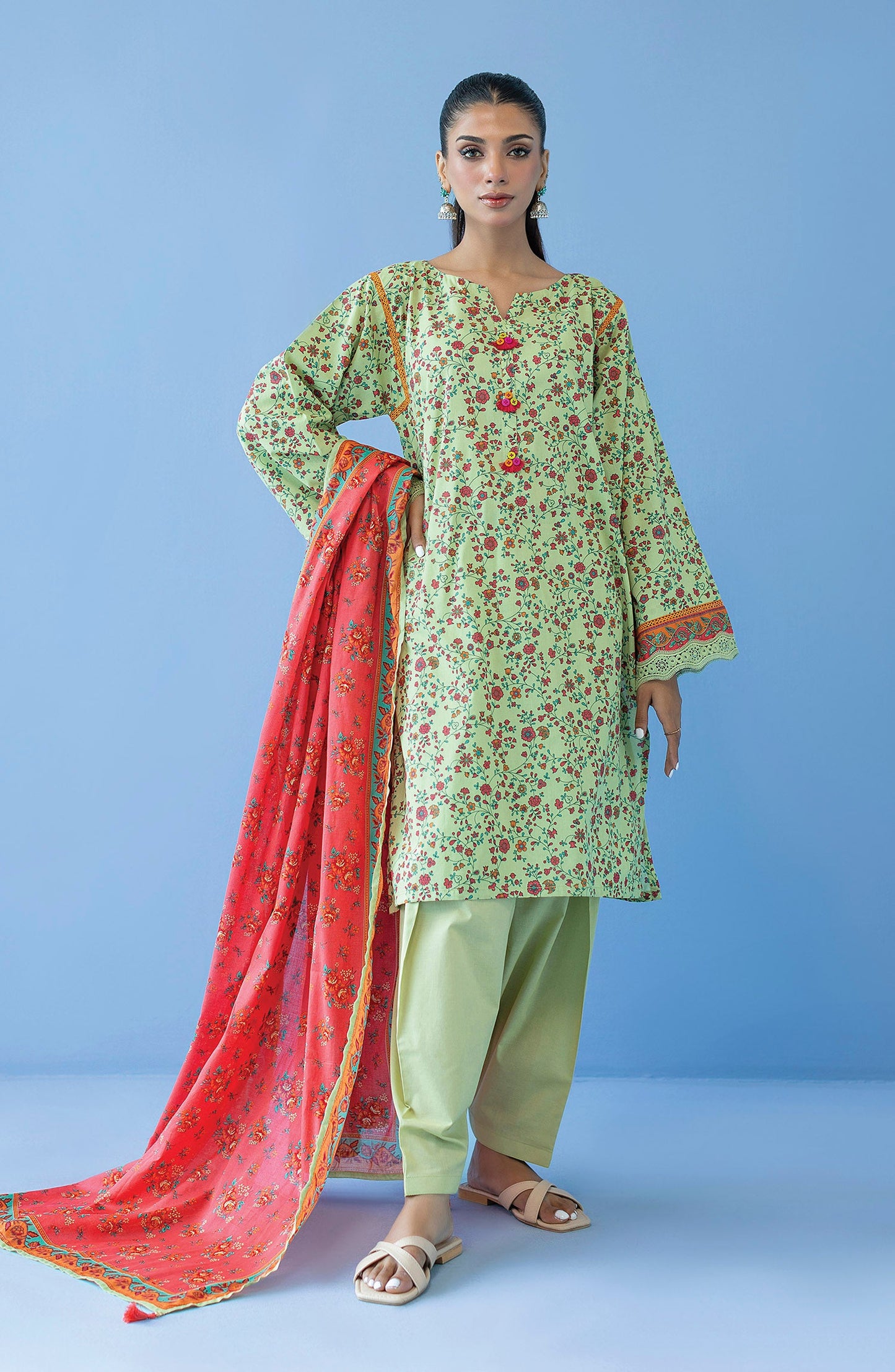 Orient - Unstitched 3 Piece Printed Cambric Shirt , Cambric Pant and Lawn Dupatta