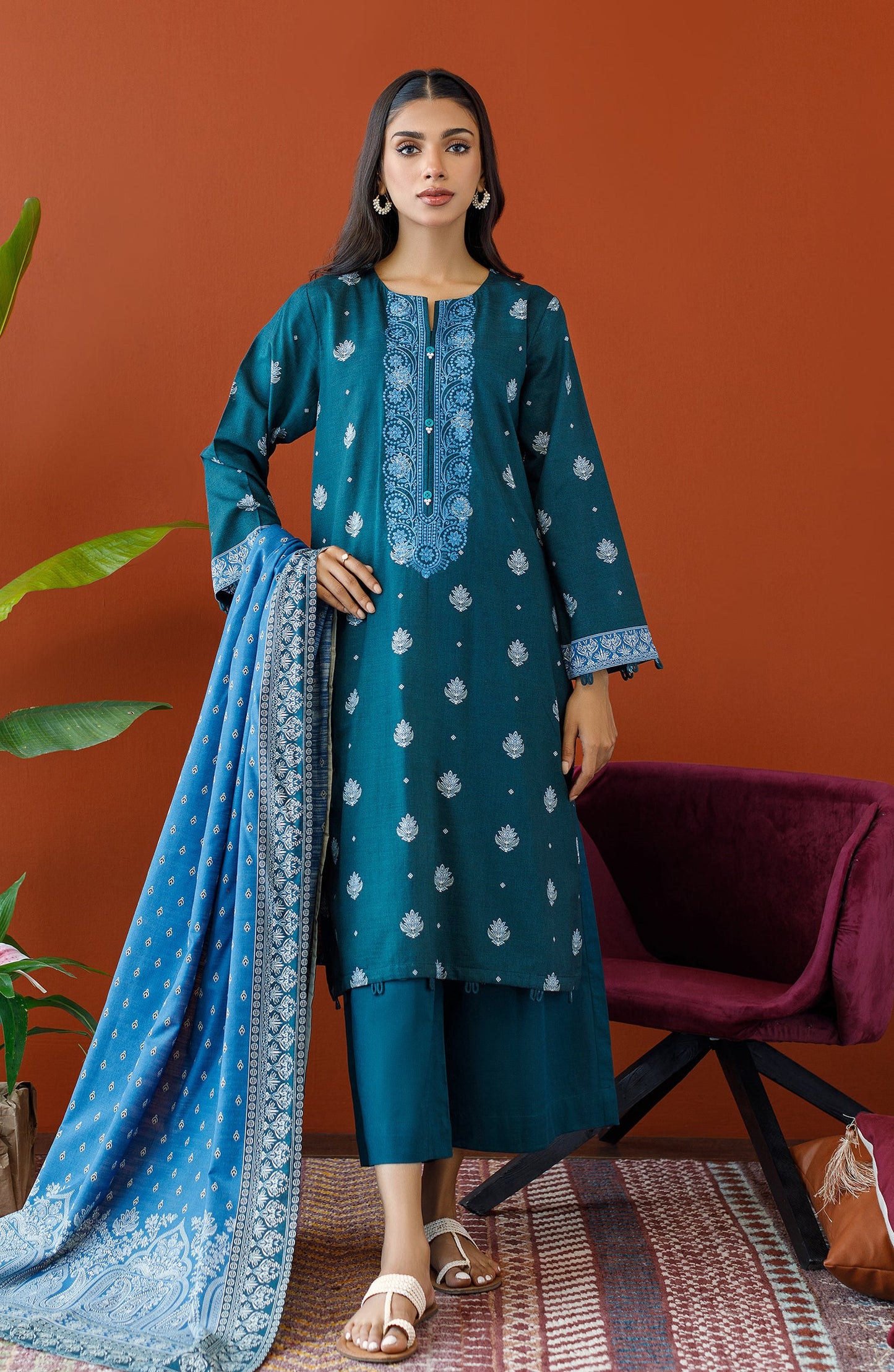 Orient - Stitched 3 Piece Embroidered Khaddar Shirt , Khaddar Pant and Khaddar Dupatta