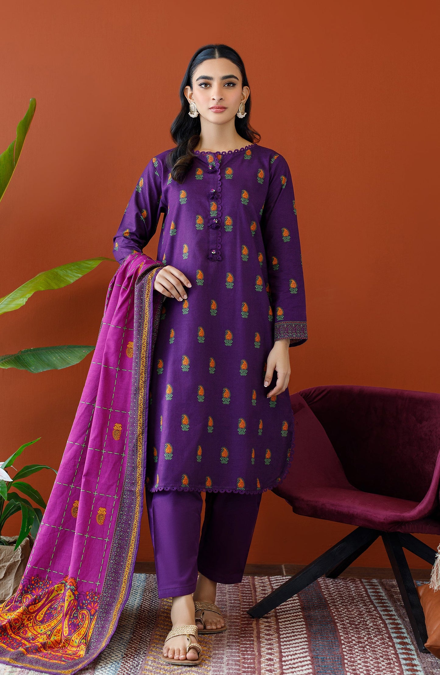 Orient - Stitched 3 Piece Printed Khaddar Shirt , Khaddar Pant and Khaddar Dupatta