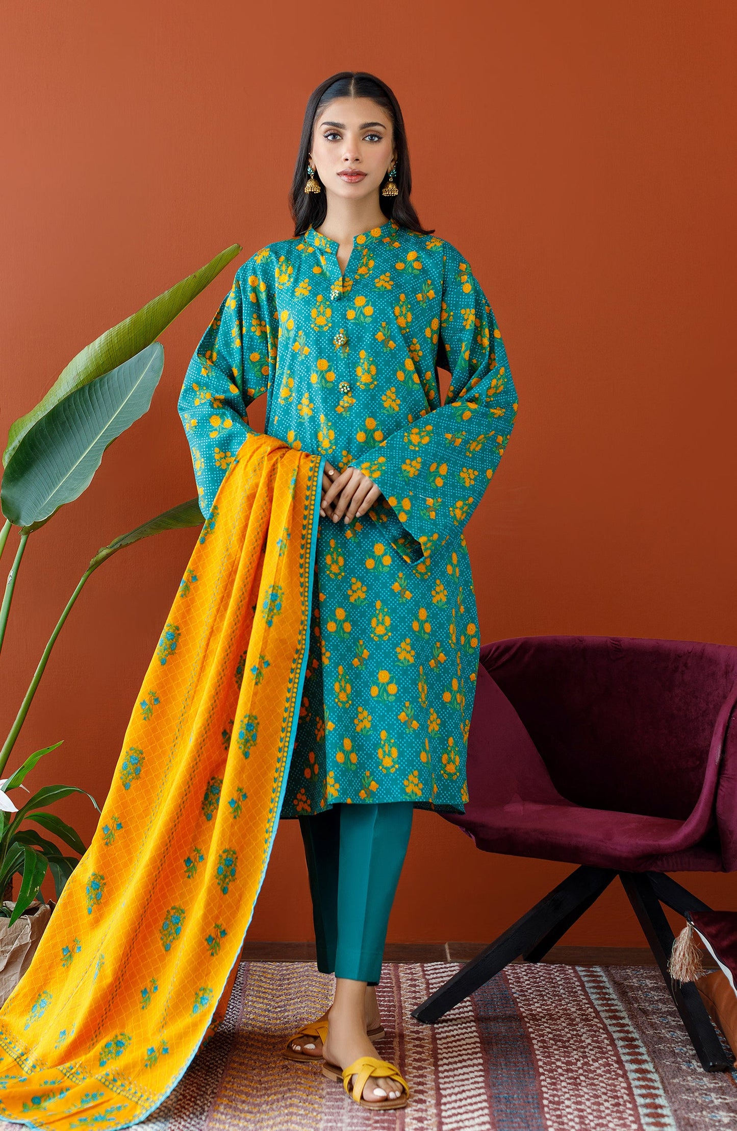Orient - Unstitched 3 Piece Printed Cottel Shirt , Cottel Pant and Cottel Dupatta