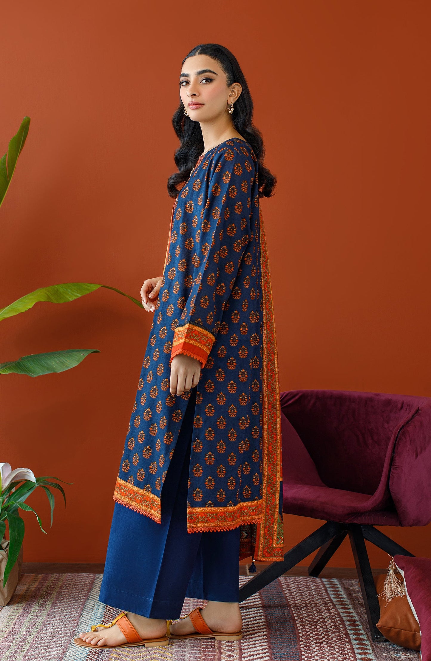 Orient - Stitched 3 Piece Embroidered Khaddar Shirt , Khaddar Pant and Khaddar Dupatta