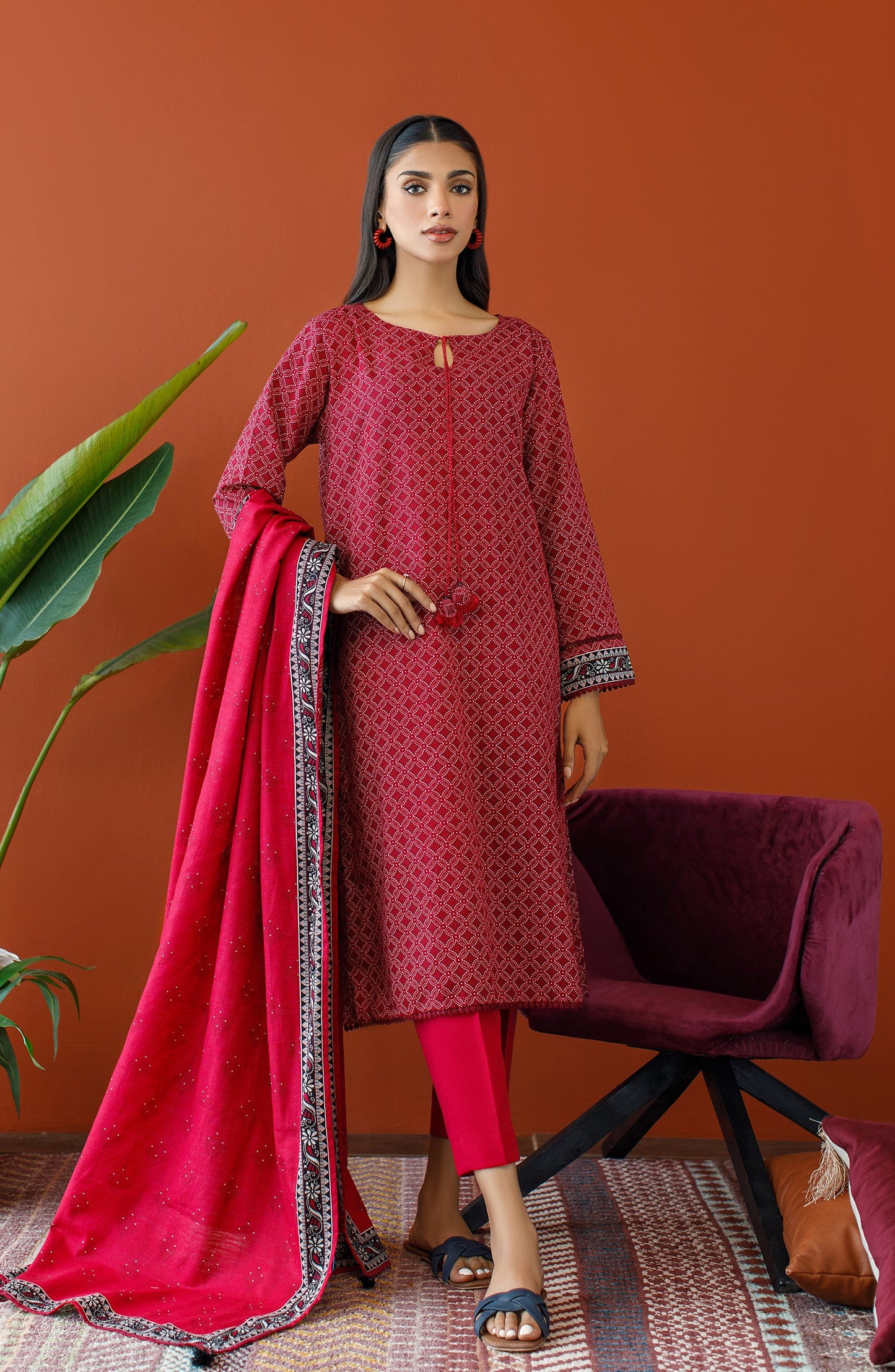 Orient - Stitched 3 Piece Printed Khaddar Shirt , Khaddar Pant and Khaddar Dupatta