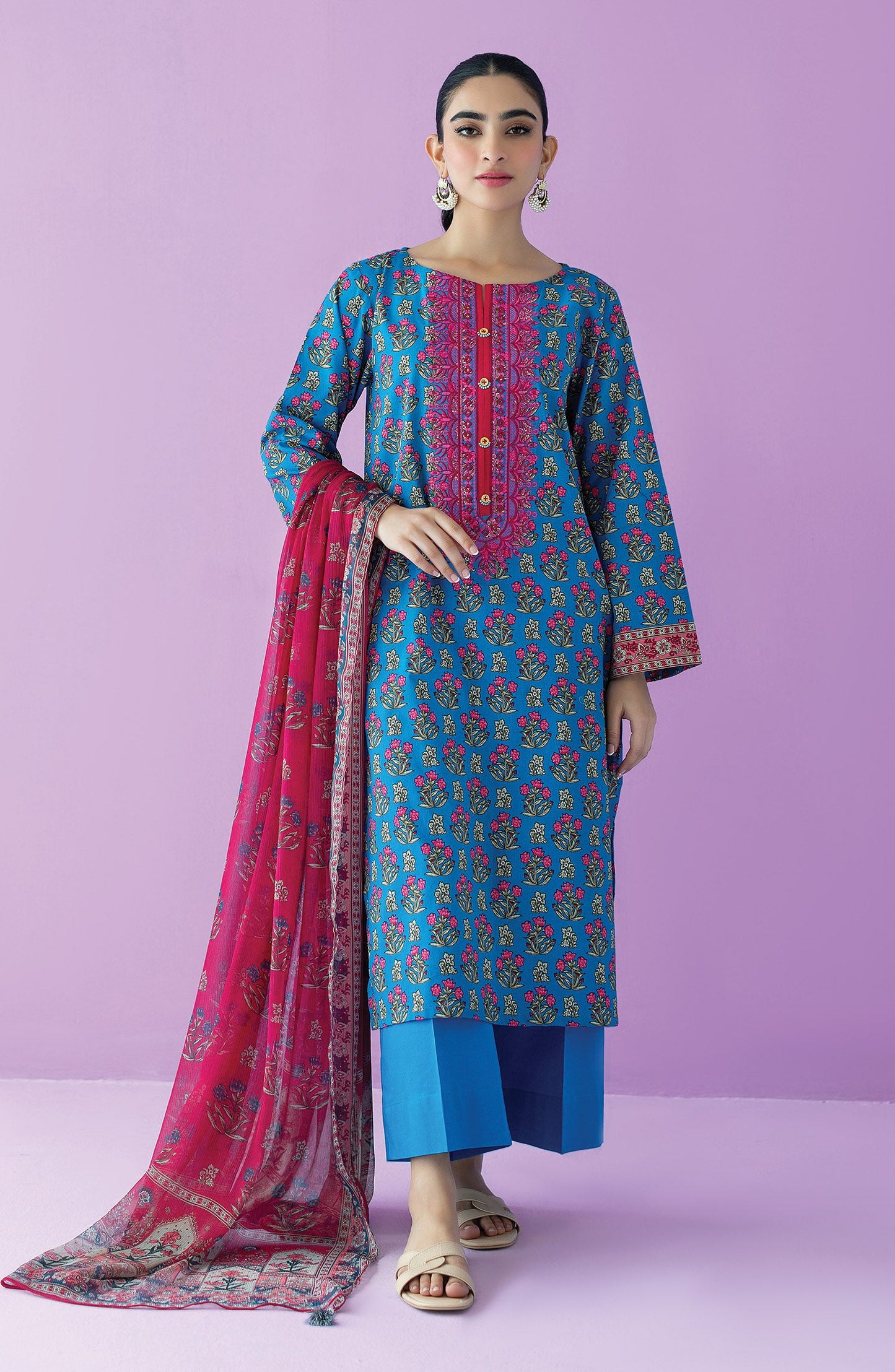 Orient - Unstitched 3 Piece Embroidered Lawn Shirt , Cambric Pant and Chiffon Dupatta