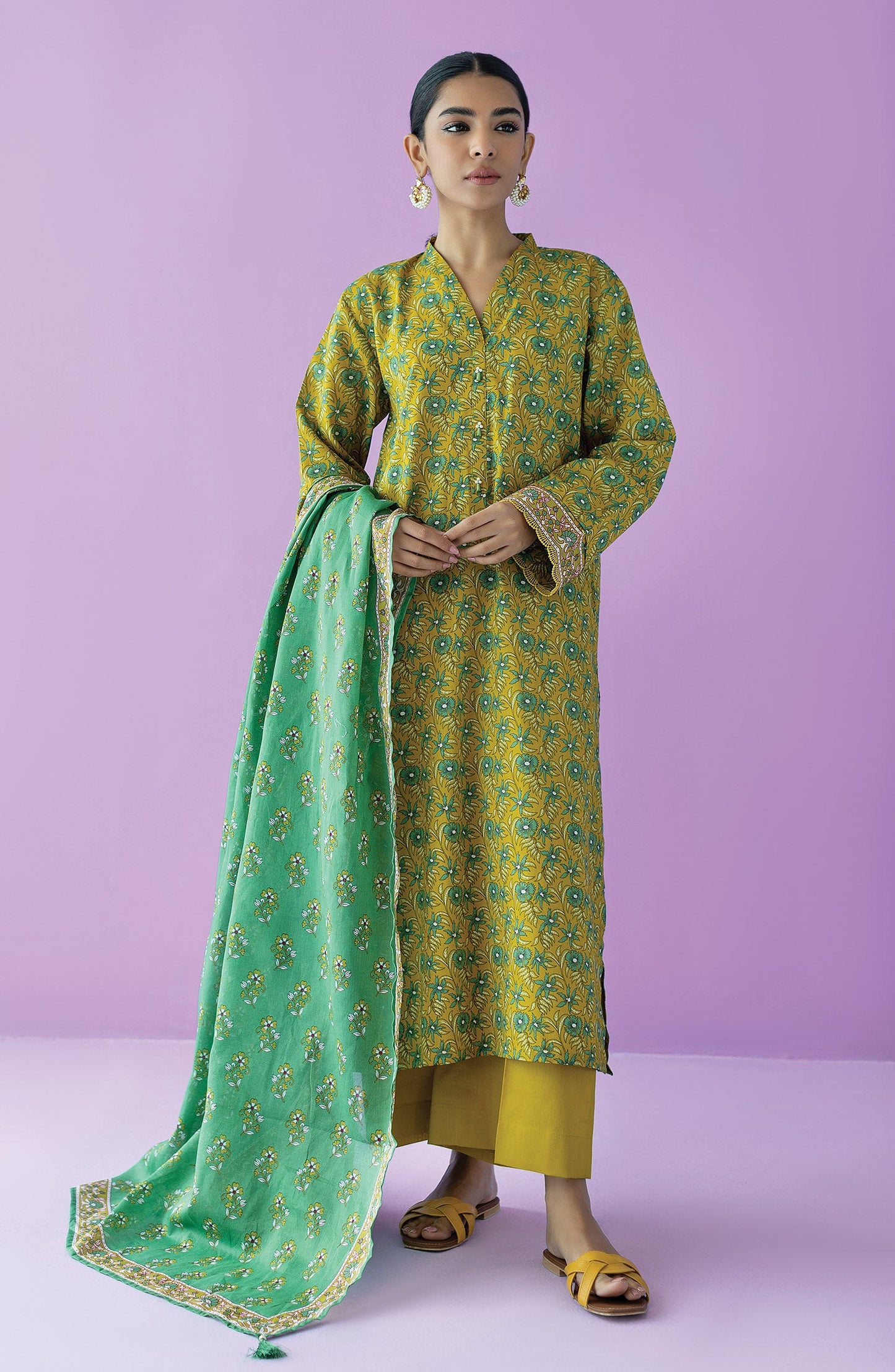 Orient - Stitched 3 Piece Printed Lawn Shirt , Cambric Pant and Lawn Dupatta