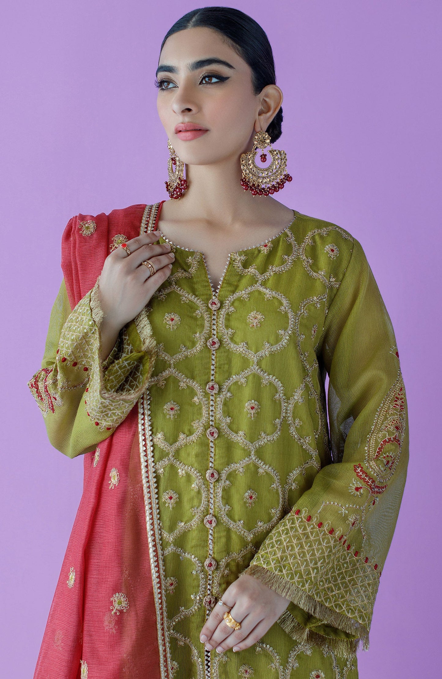 Orient - Unstitched 3 Piece Embroidered Khaddi Net Shirt , Raw Silk Pant and Khaddi Net Dupatta
